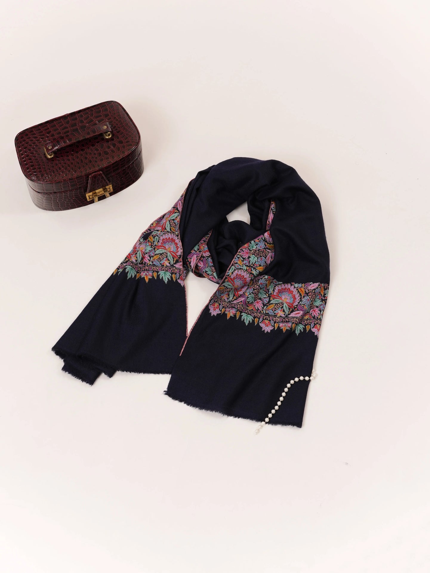 Handwoven Navy Blue Daurdar Shawl in Soft Pashmina from Kashmir Shahkaar.com