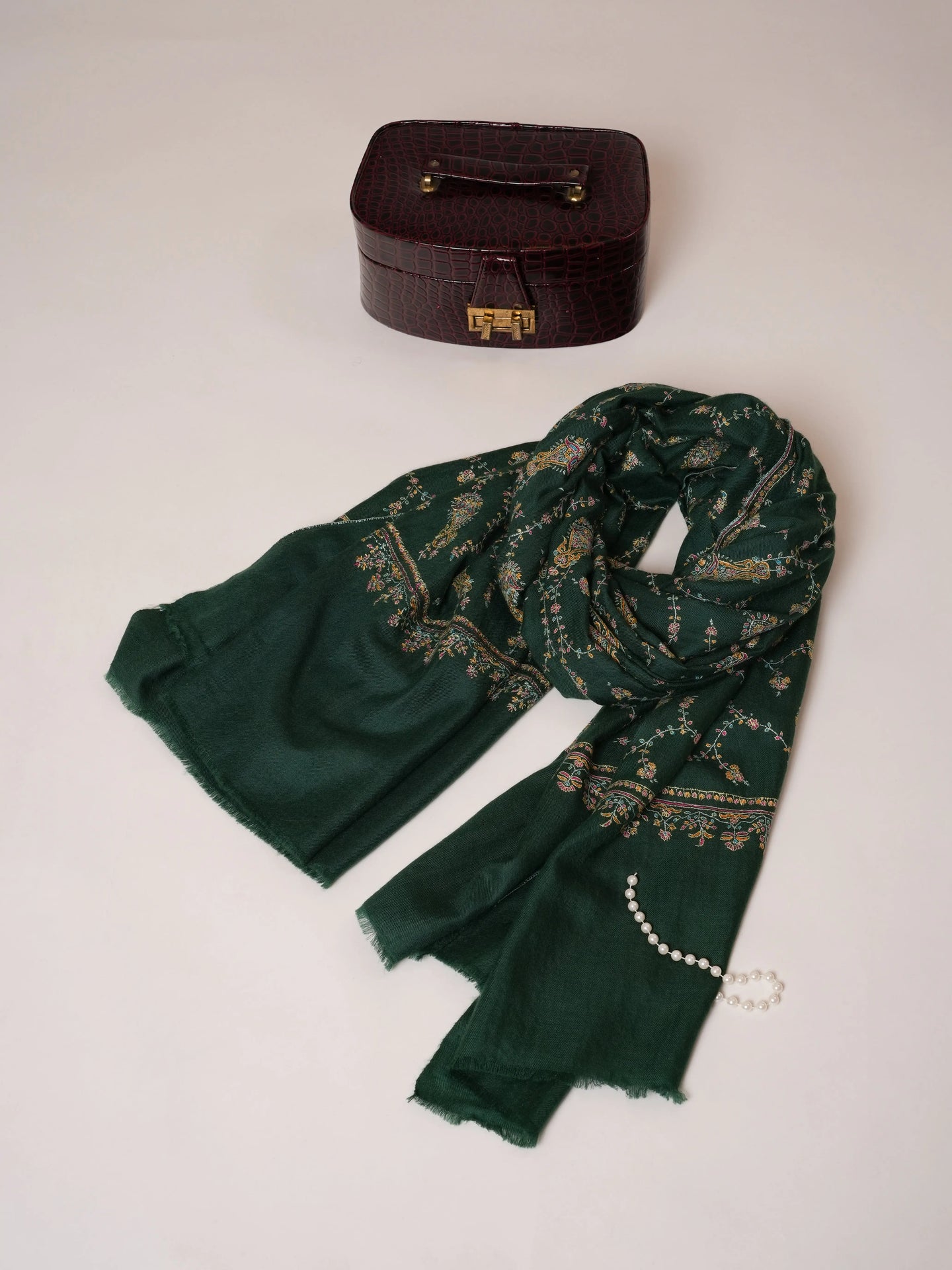 Dark Green Jali Hand Embroidered Soft Pashmina Shawl Shahkaar Global