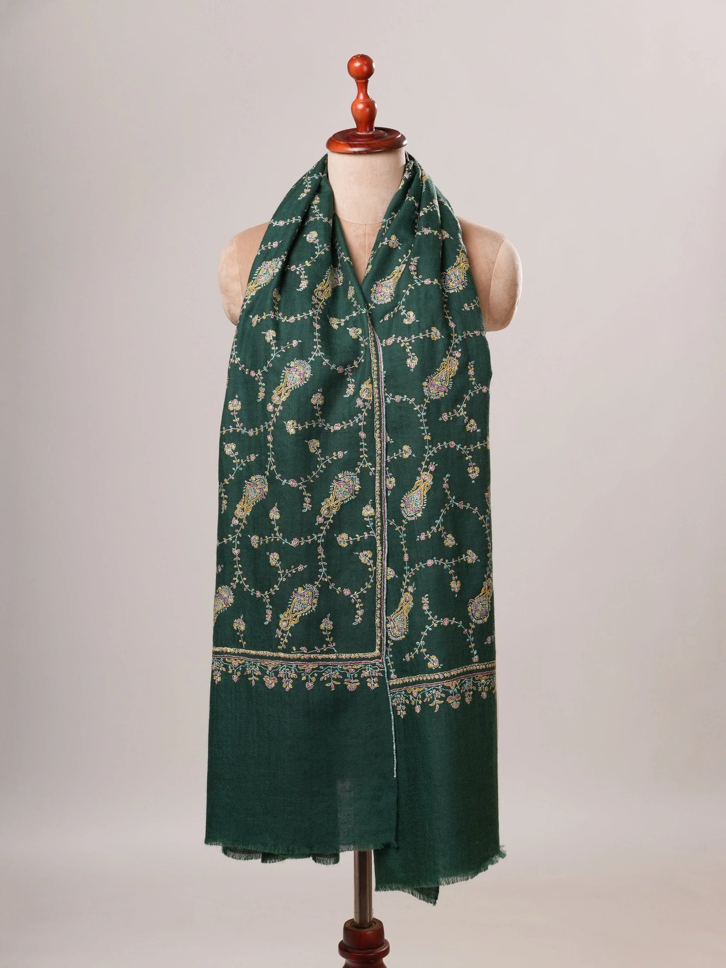 Dark Green Jali Hand Embroidered Soft Pashmina Shawl Shahkaar Global