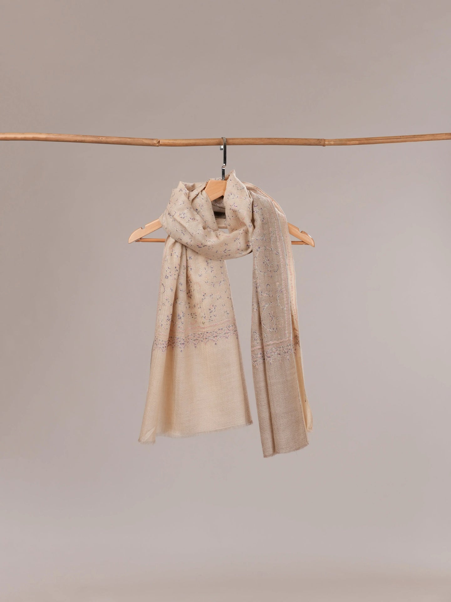 Natural Grey and White Pure Cashmere Scarf with All Over Hand Embroidery Shahkaar.com