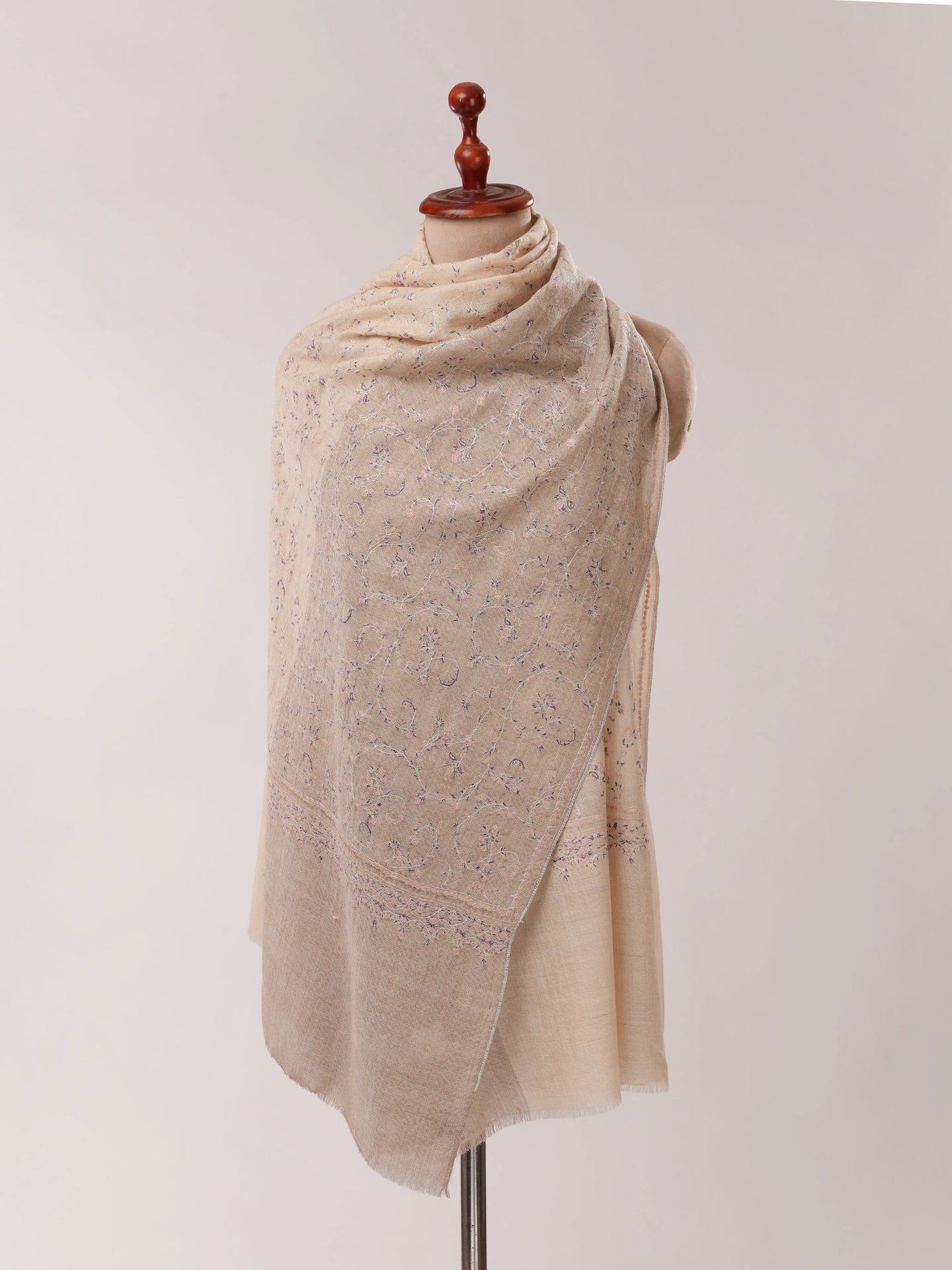 Natural Grey and White Pure Cashmere Scarf with All Over Hand Embroidery Shahkaar.com