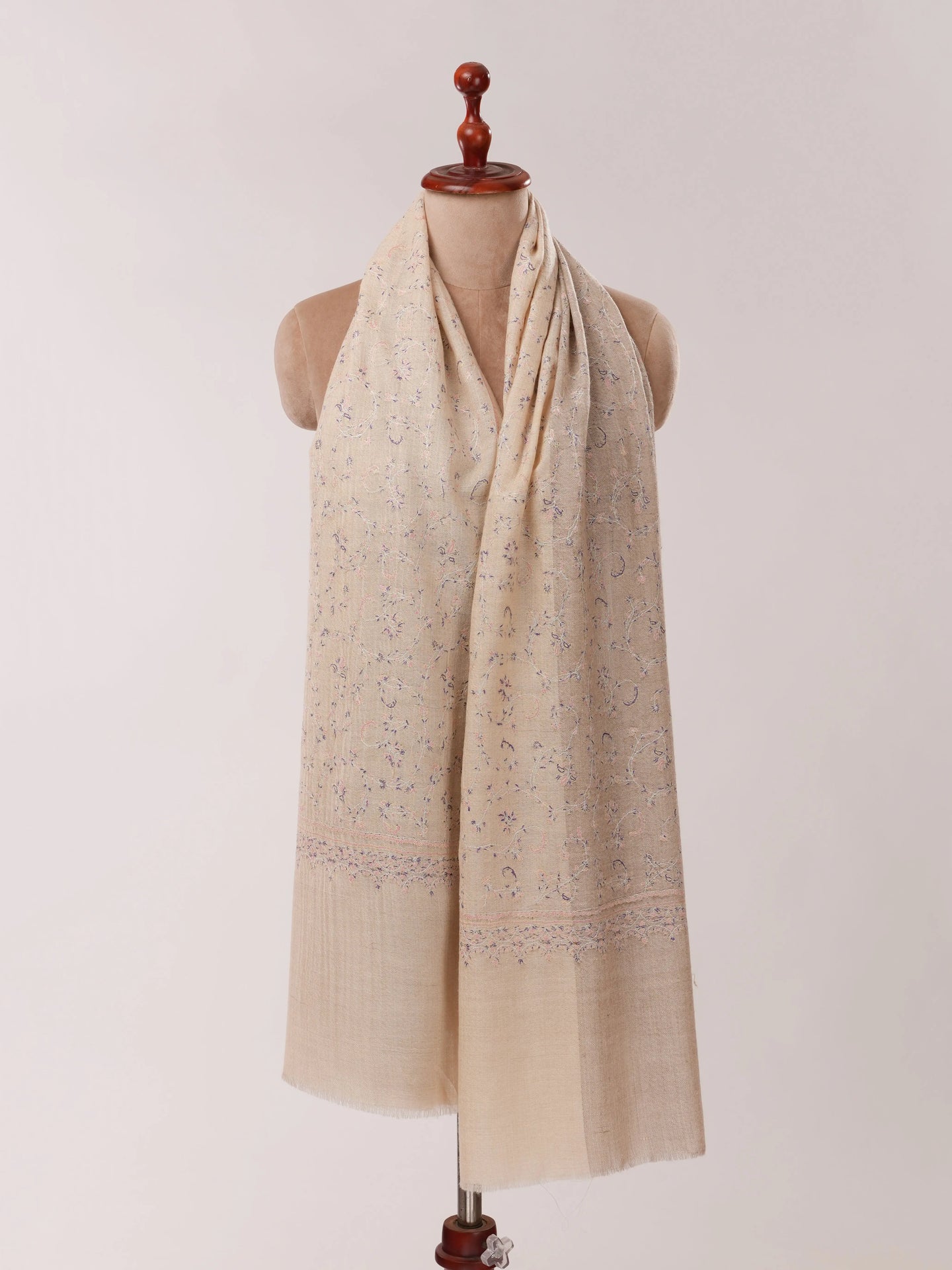 Natural Grey and White Pure Cashmere Scarf with All Over Hand Embroidery Shahkaar.com
