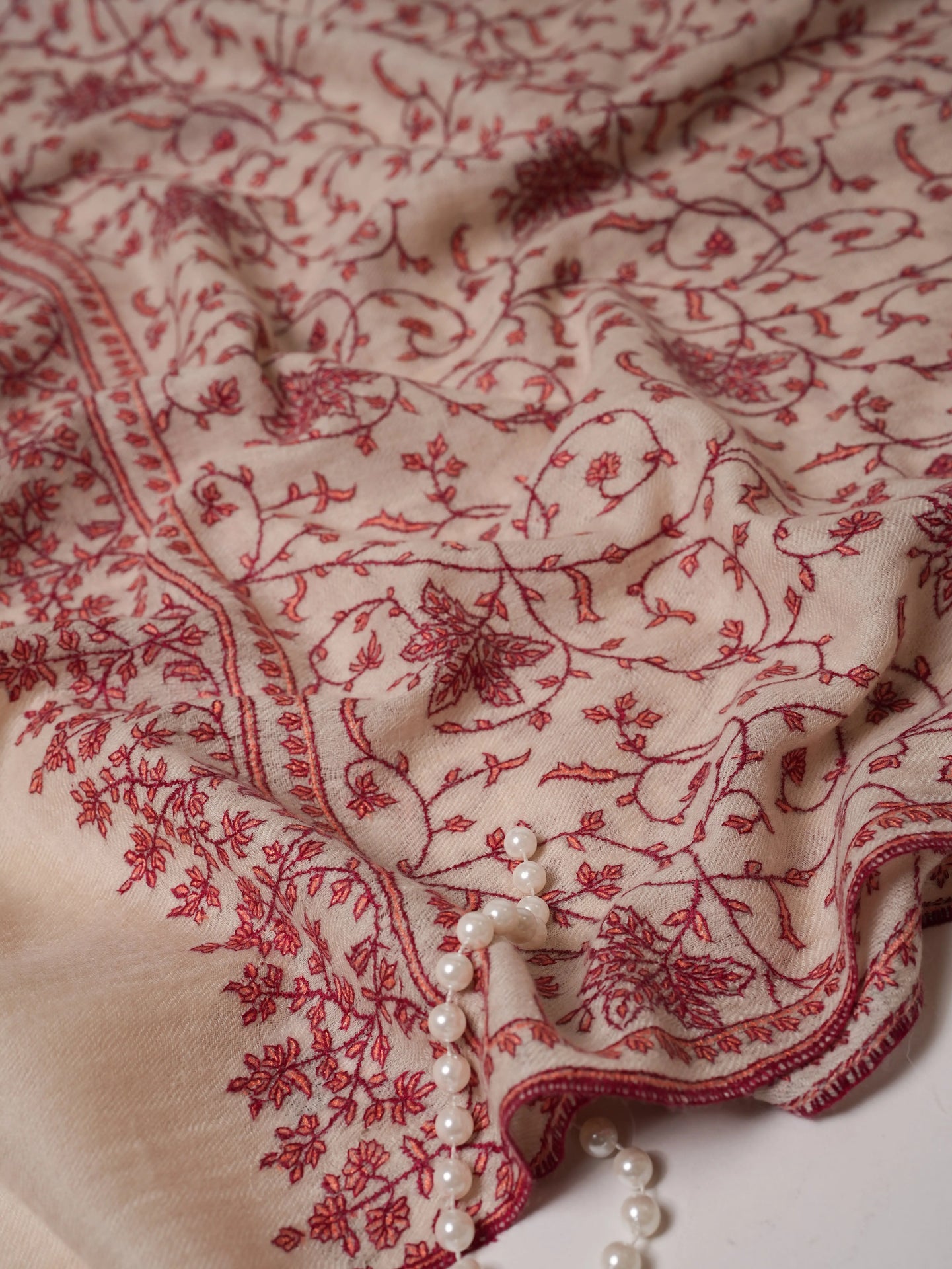 Natural White Pure Cashmere Scarf with Hand Embroidery Shahkaar.com