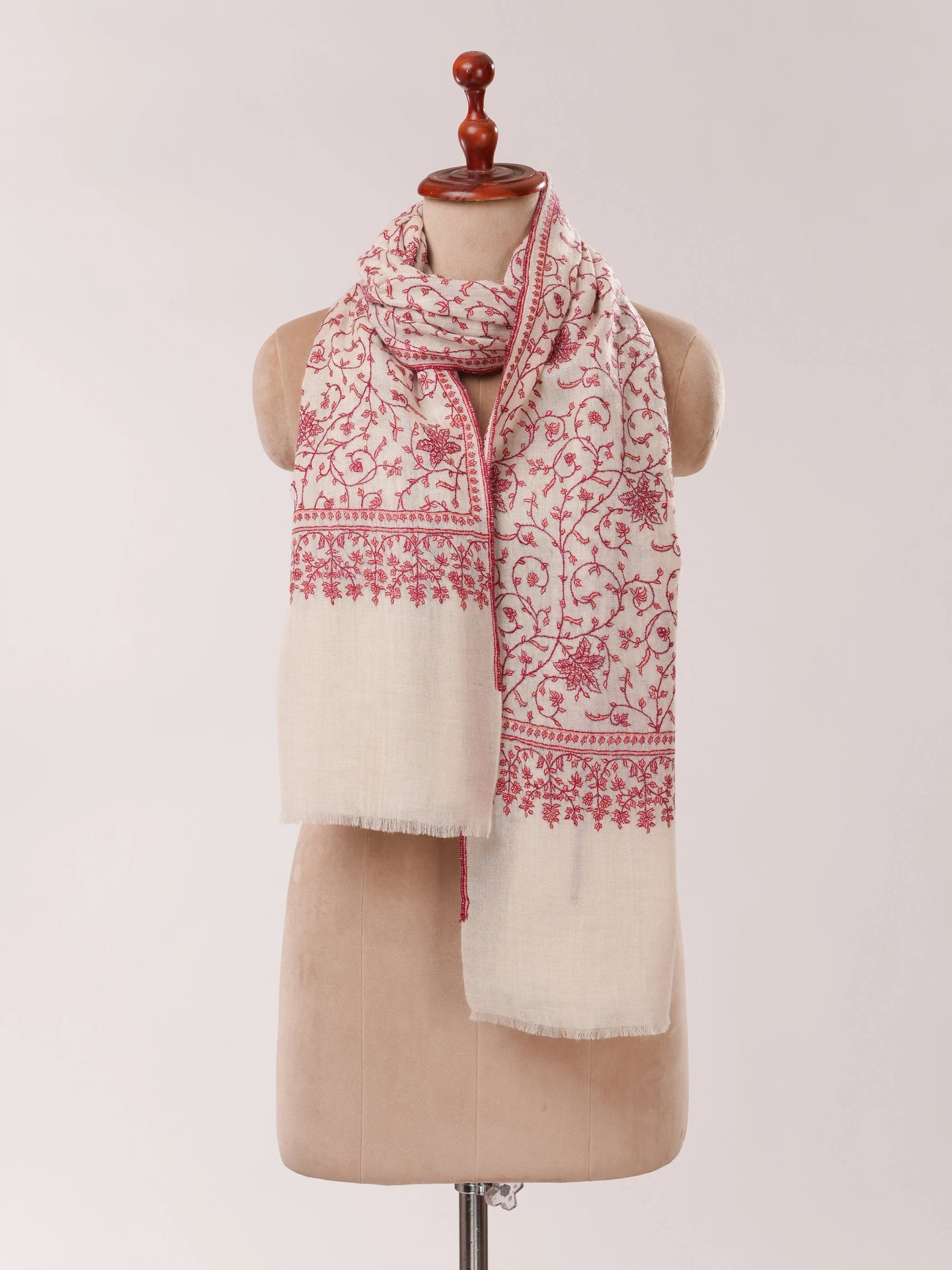 Natural White Pure Cashmere Scarf with Hand Embroidery Shahkaar.com