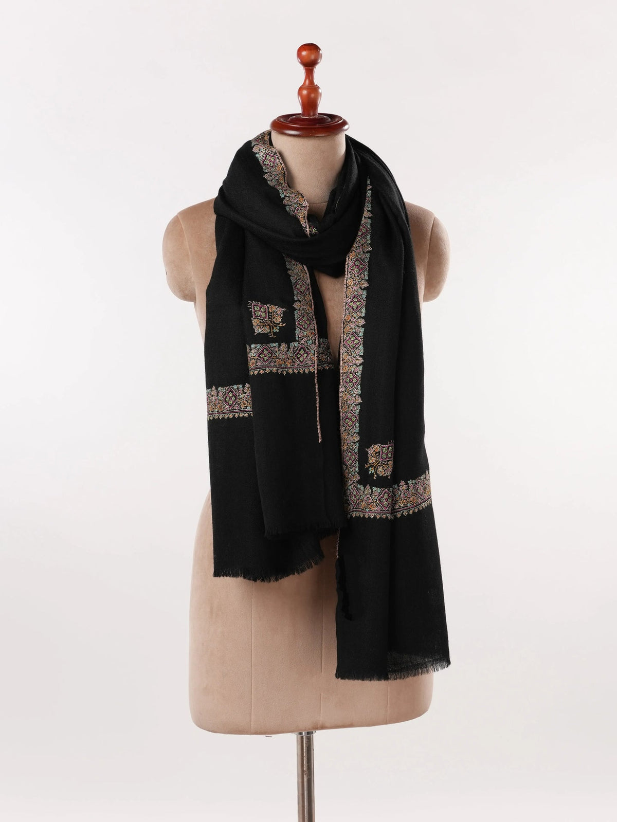 Black Handwoven Authentic Pashmina Shawl with Neemdaur Sozni Embroidery Shahkaar.com