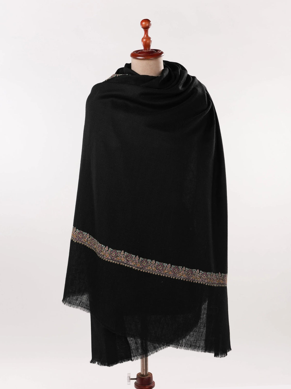 Black Handwoven Authentic Pashmina Shawl with Neemdaur Sozni Embroidery Shahkaar.com