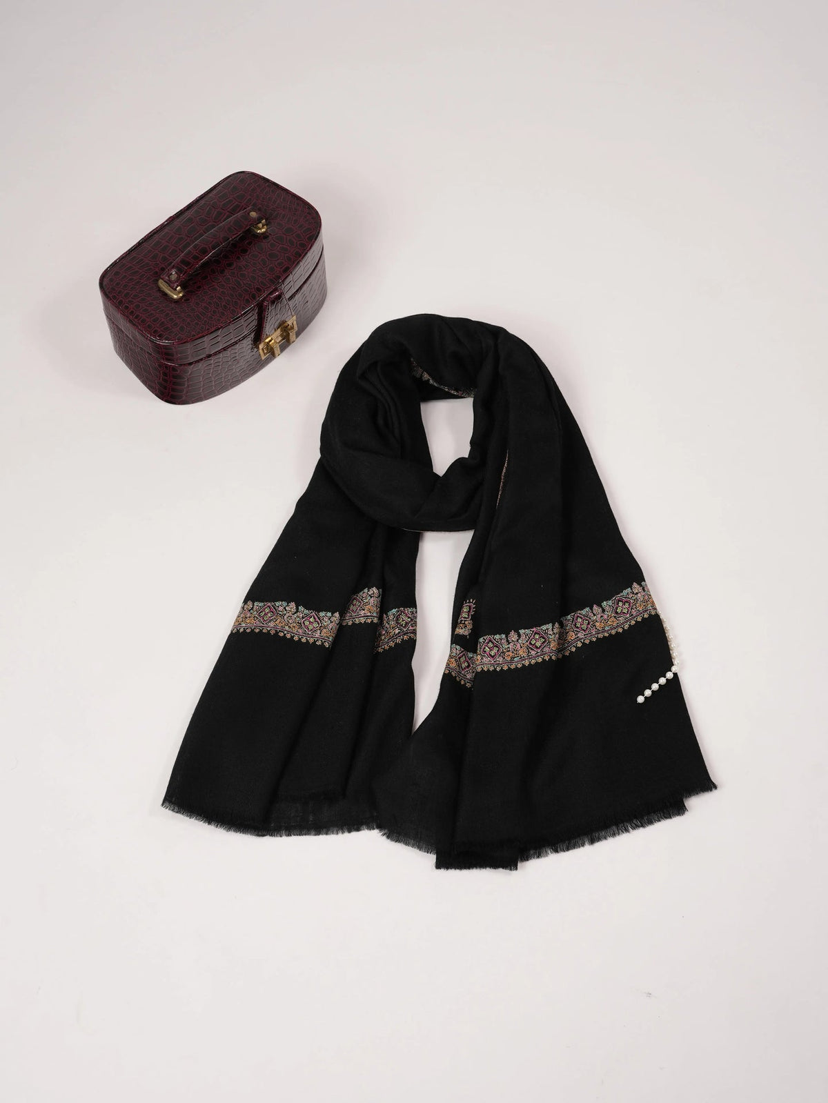 Black Handwoven Authentic Pashmina Shawl with Neemdaur Sozni Embroidery Shahkaar.com