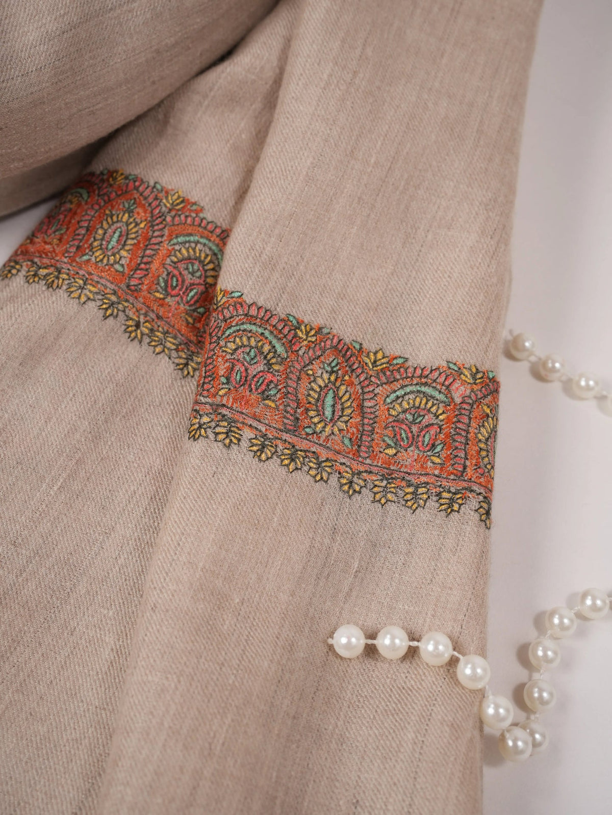 Light Beige Handwoven Soft Pashmina Shawl with Neemdaur Hand Embroidery Shahkaar.com