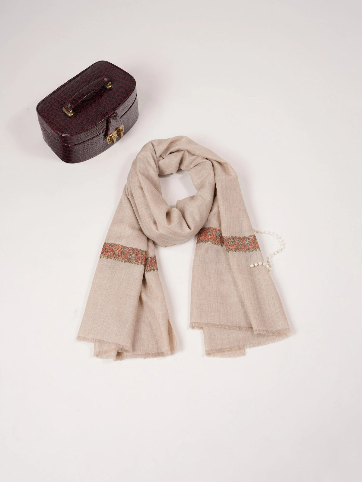 Light Beige Handwoven Soft Pashmina Shawl with Neemdaur Hand Embroidery Shahkaar.com