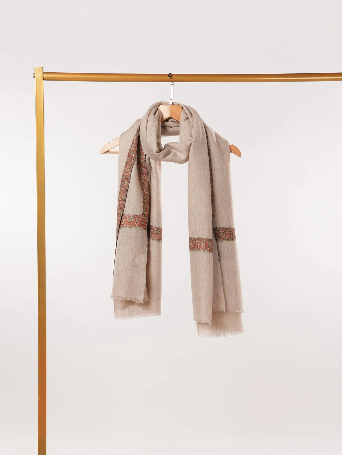 Light Beige Handwoven Soft Pashmina Shawl with Neemdaur Hand Embroidery Shahkaar.com