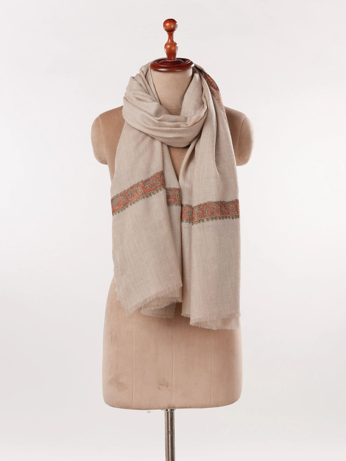 Light Beige Handwoven Soft Pashmina Shawl with Neemdaur Hand Embroidery Shahkaar.com