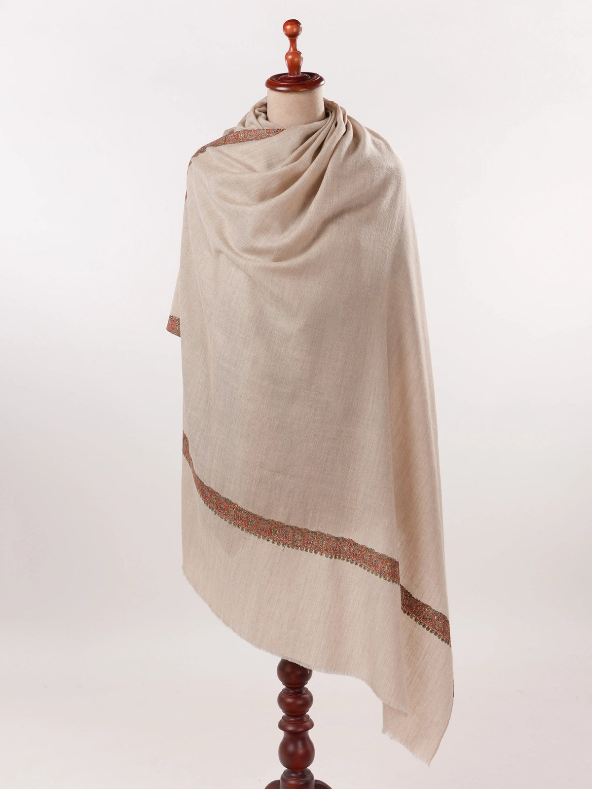 Light Beige Handwoven Soft Pashmina Shawl with Neemdaur Hand Embroidery Shahkaar.com