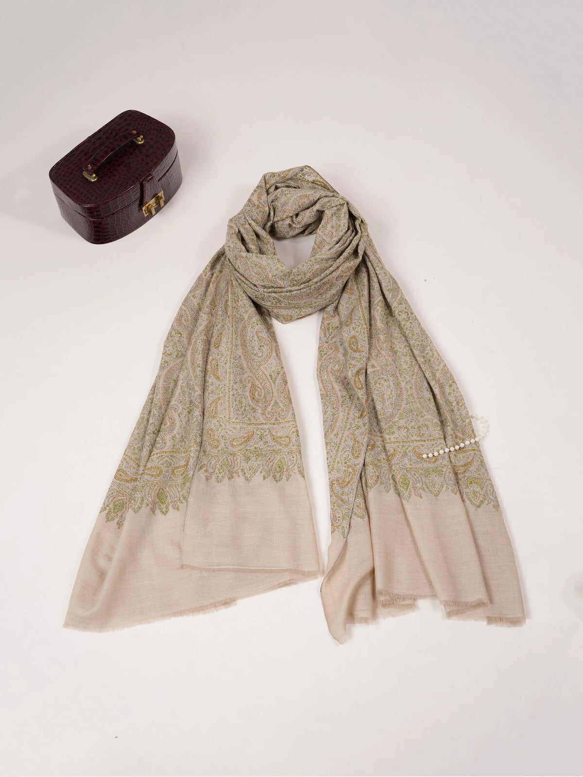Natural Taupe Oversized Pashmina Shawl with Paisley Silk Embroidery