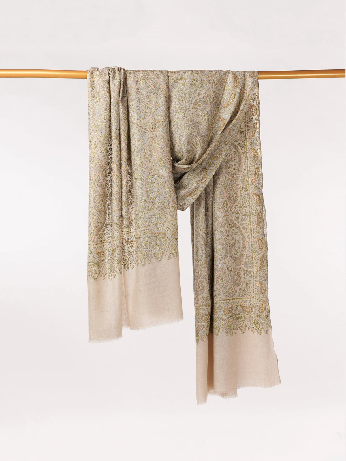 Natural Taupe Oversized Pashmina Shawl with Paisley Silk Embroidery