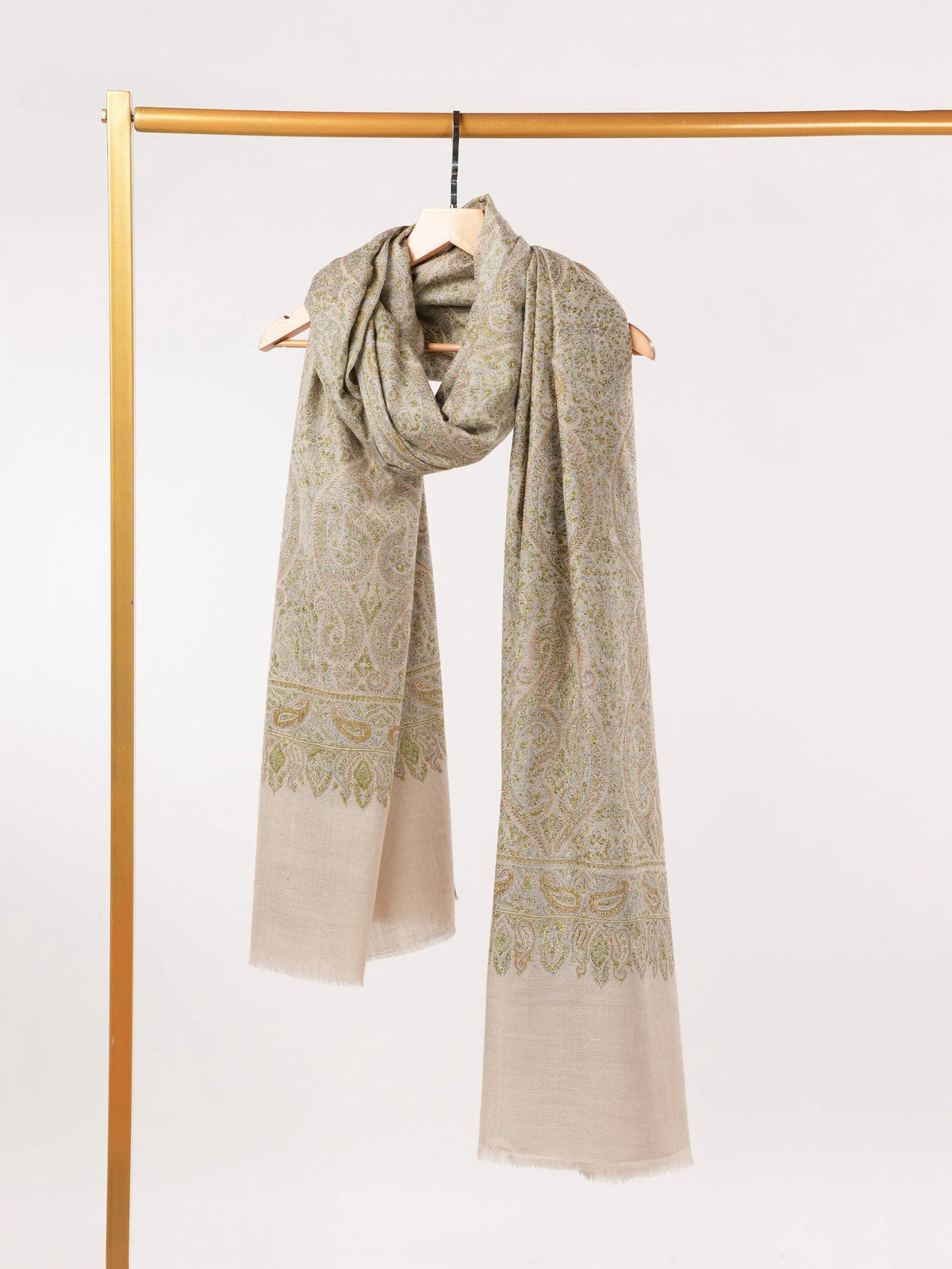 Natural Taupe Oversized Pashmina Shawl with Paisley Silk Embroidery