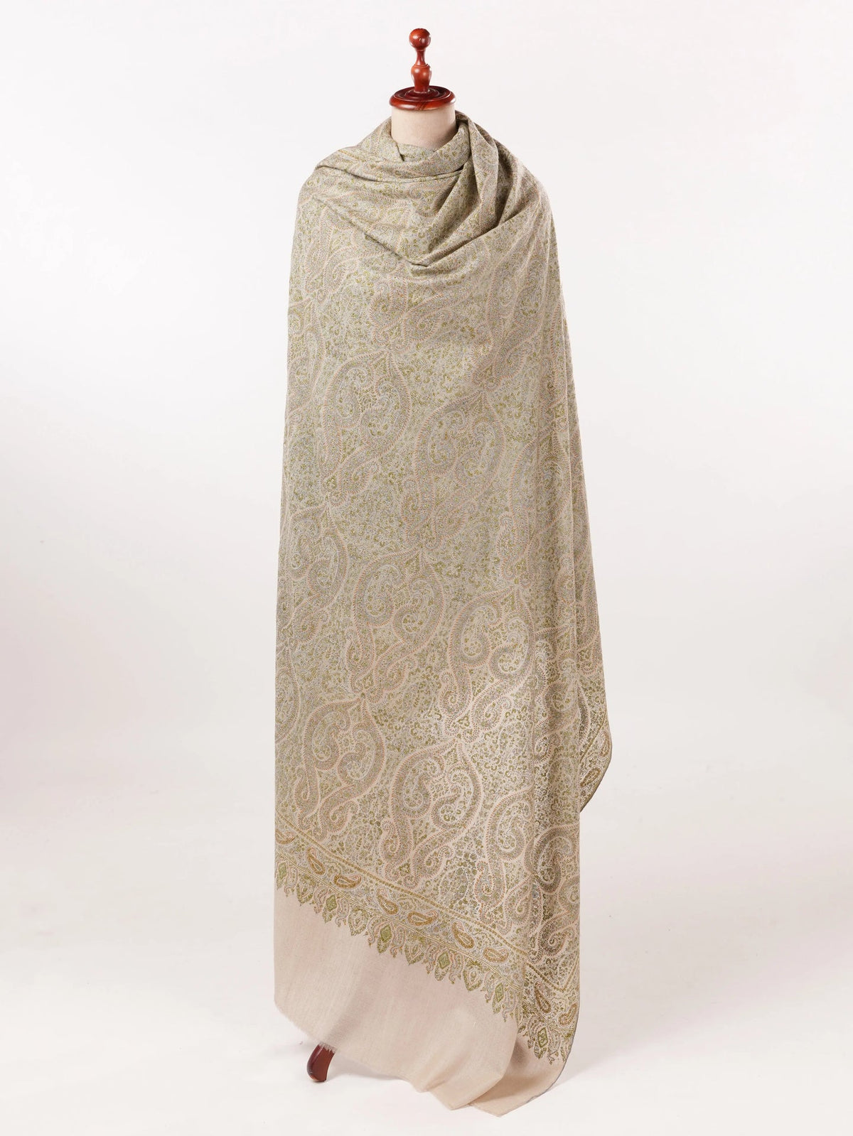 Natural Taupe Oversized Pashmina Shawl with Paisley Silk Embroidery