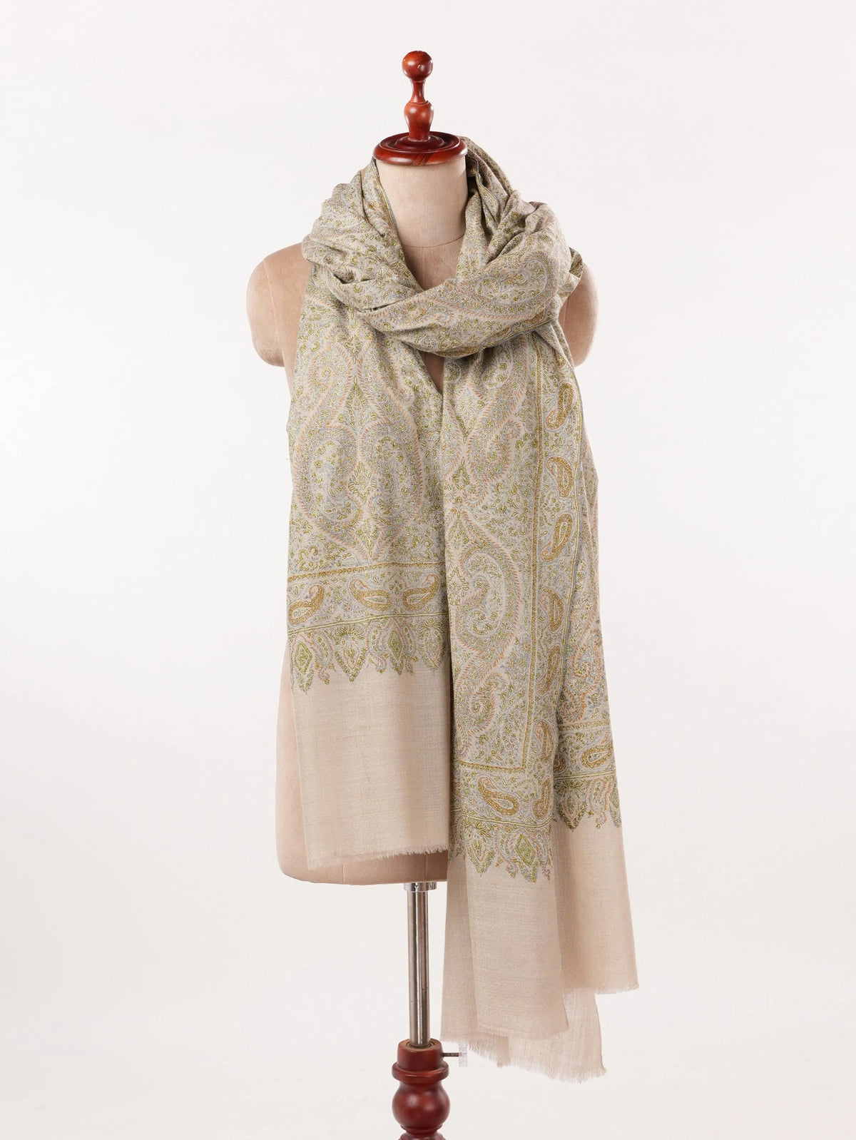 Natural Taupe Oversized Pashmina Shawl with Paisley Silk Embroidery