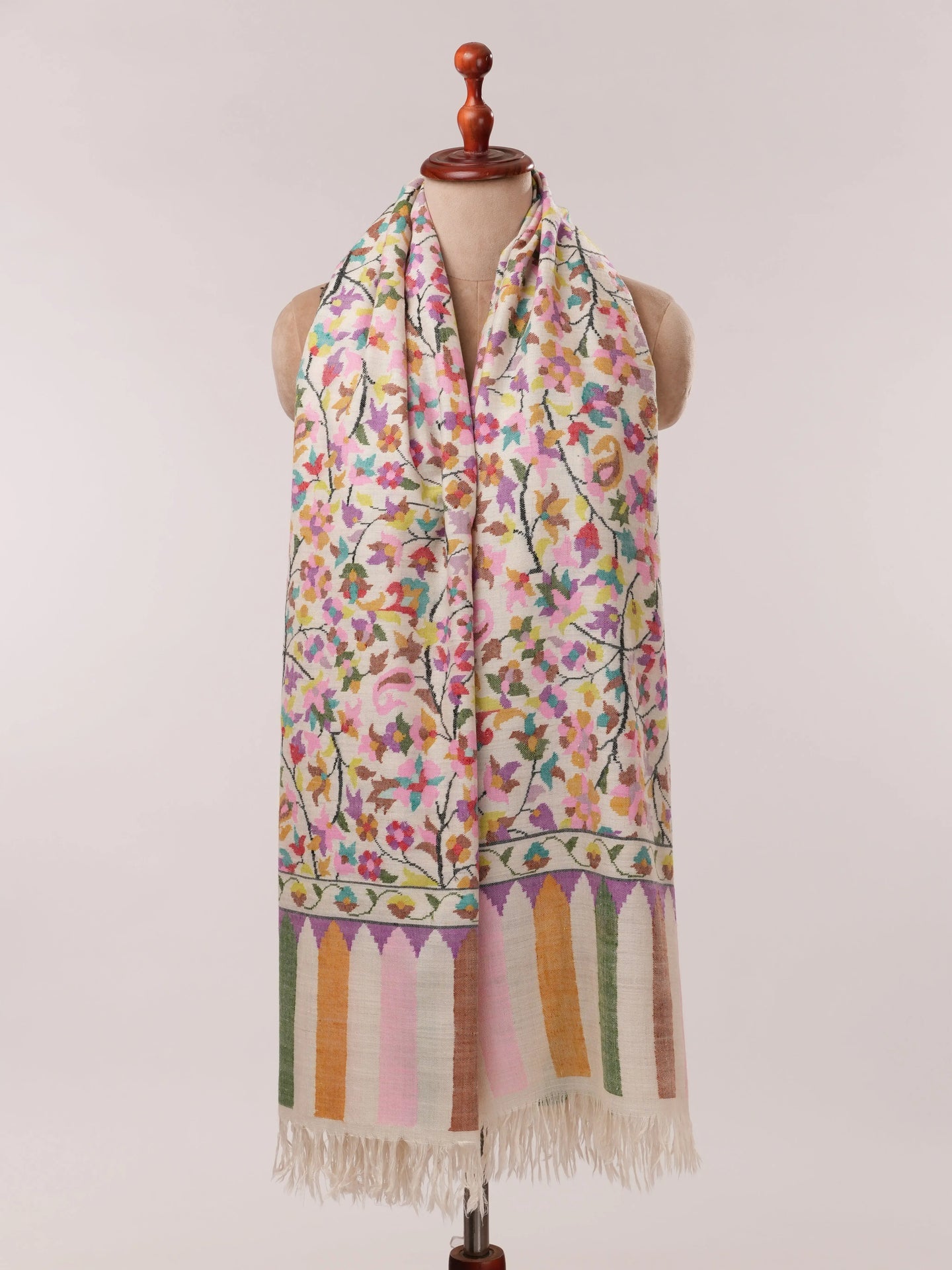Natural White Floral Kani Pashmina Shawl Shahkaar.com