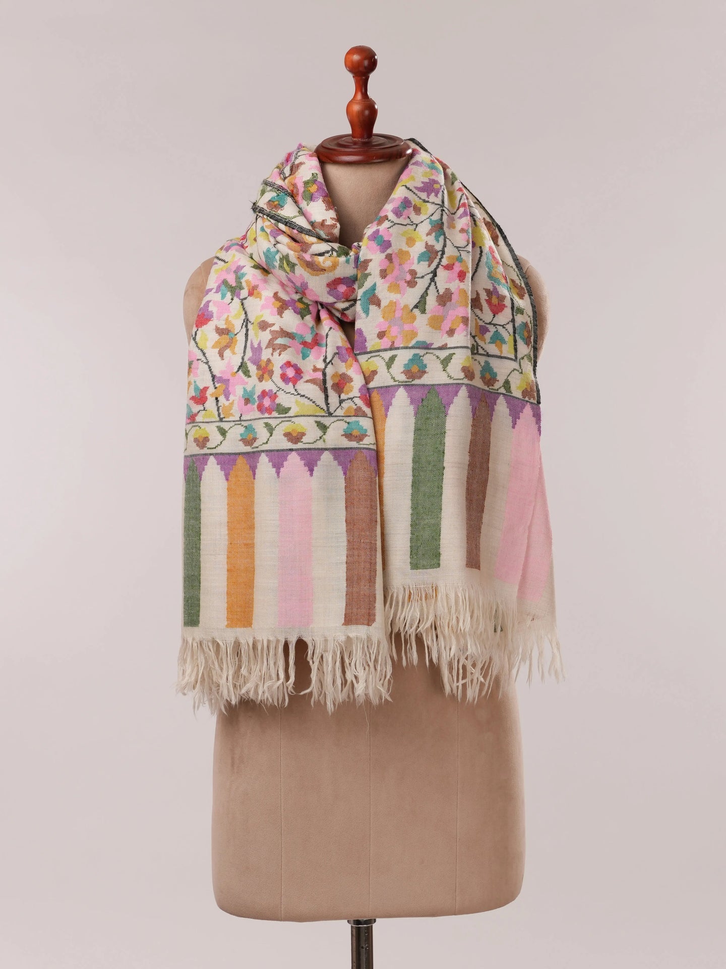 Natural White Floral Kani Pashmina Shawl Shahkaar.com