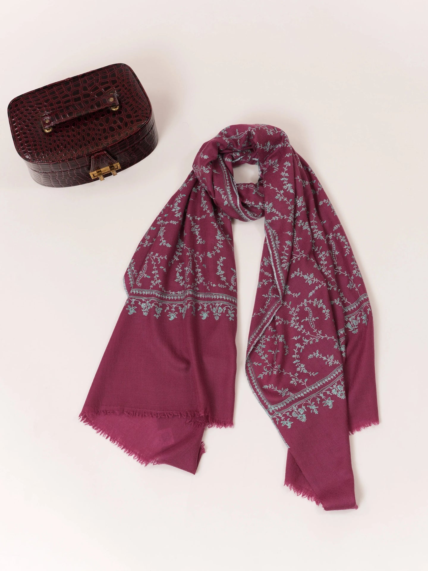 Tyrian Purple Cashmere Scarf with Hand Embroidered Jali Shahkaar.com
