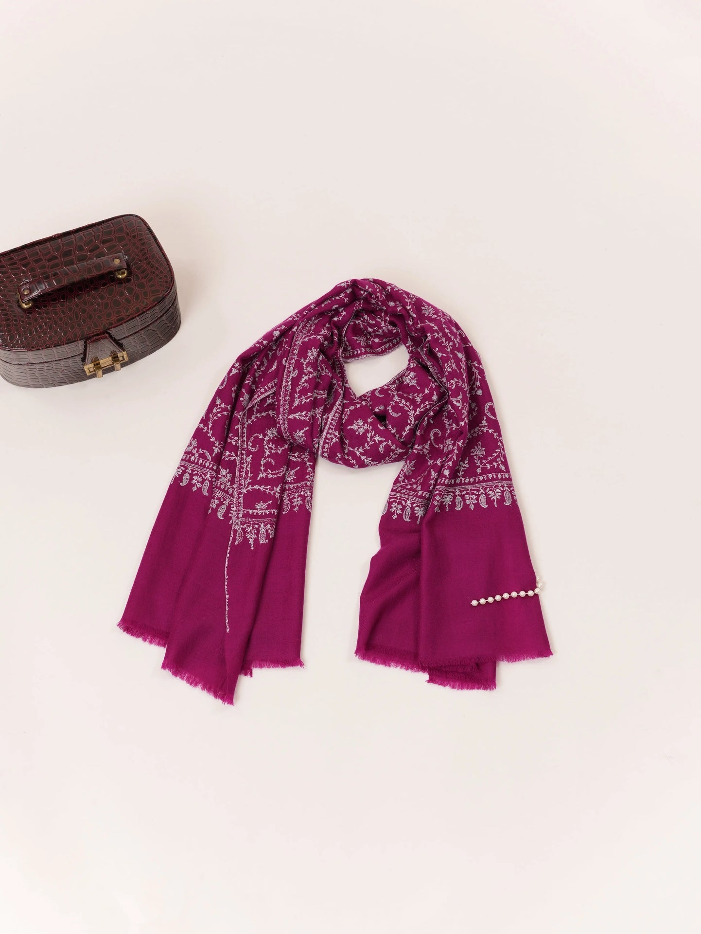 Purple Authentic Handwoven Cashmere Scarf featuring Jali Sozni Embroidery Shahkaar.com