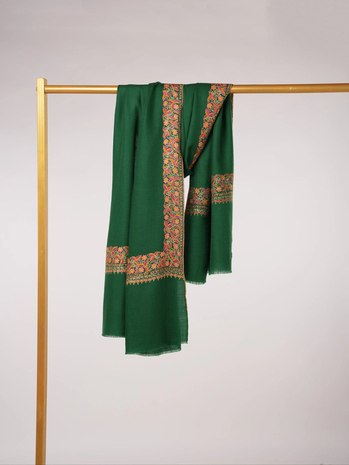 Handwoven Kashmiri Shawl with Daurdar Embroidery on Emerald Green Pashmina Shahkaar.com