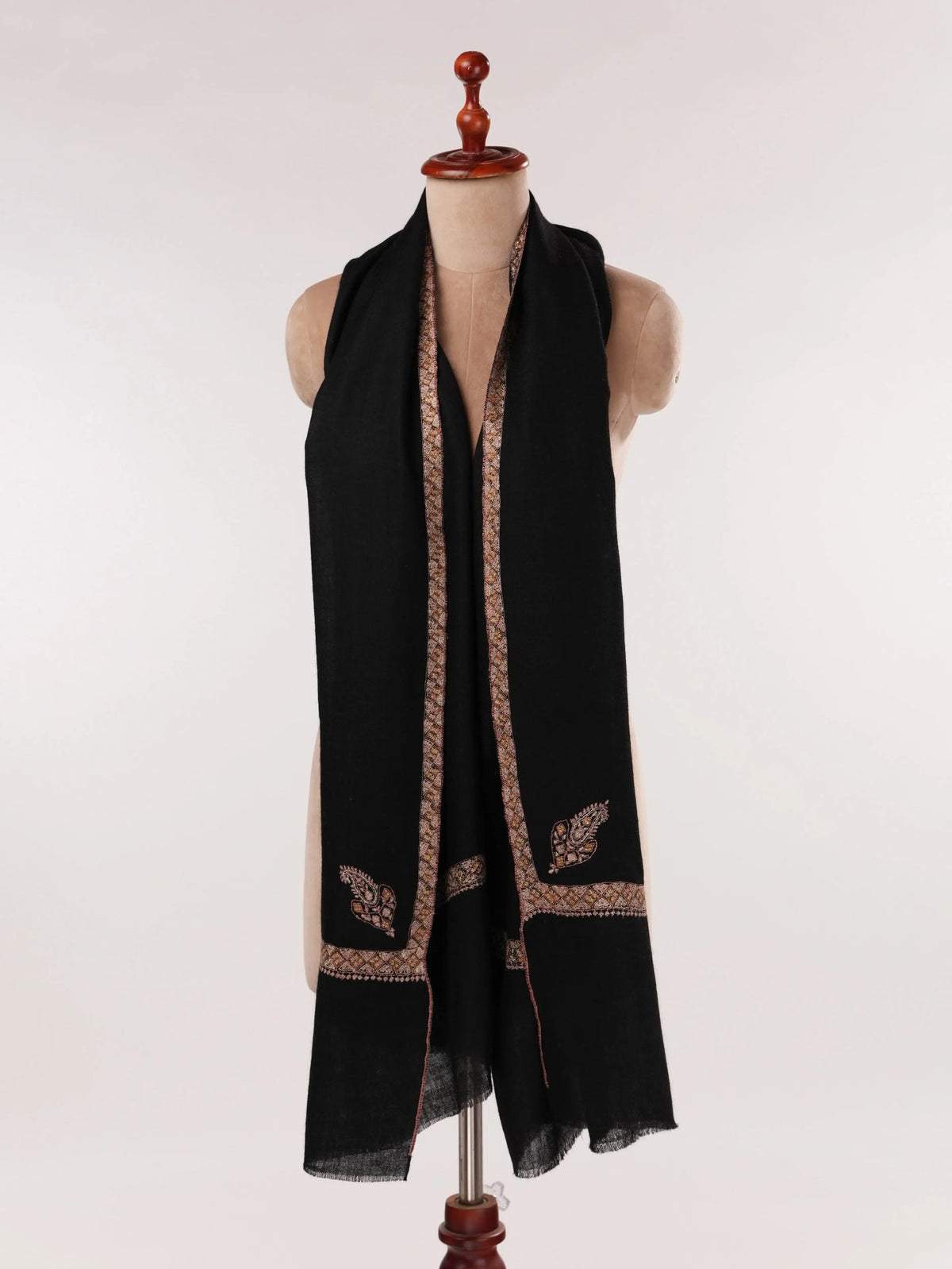 Black Handwoven Cashmere Scarf with Hashia Sozni Embroidery Shahkaar.com