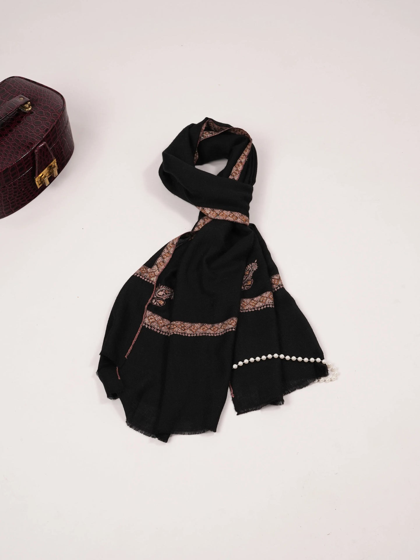 Black Handwoven Cashmere Scarf with Hashia Sozni Embroidery Shahkaar.com