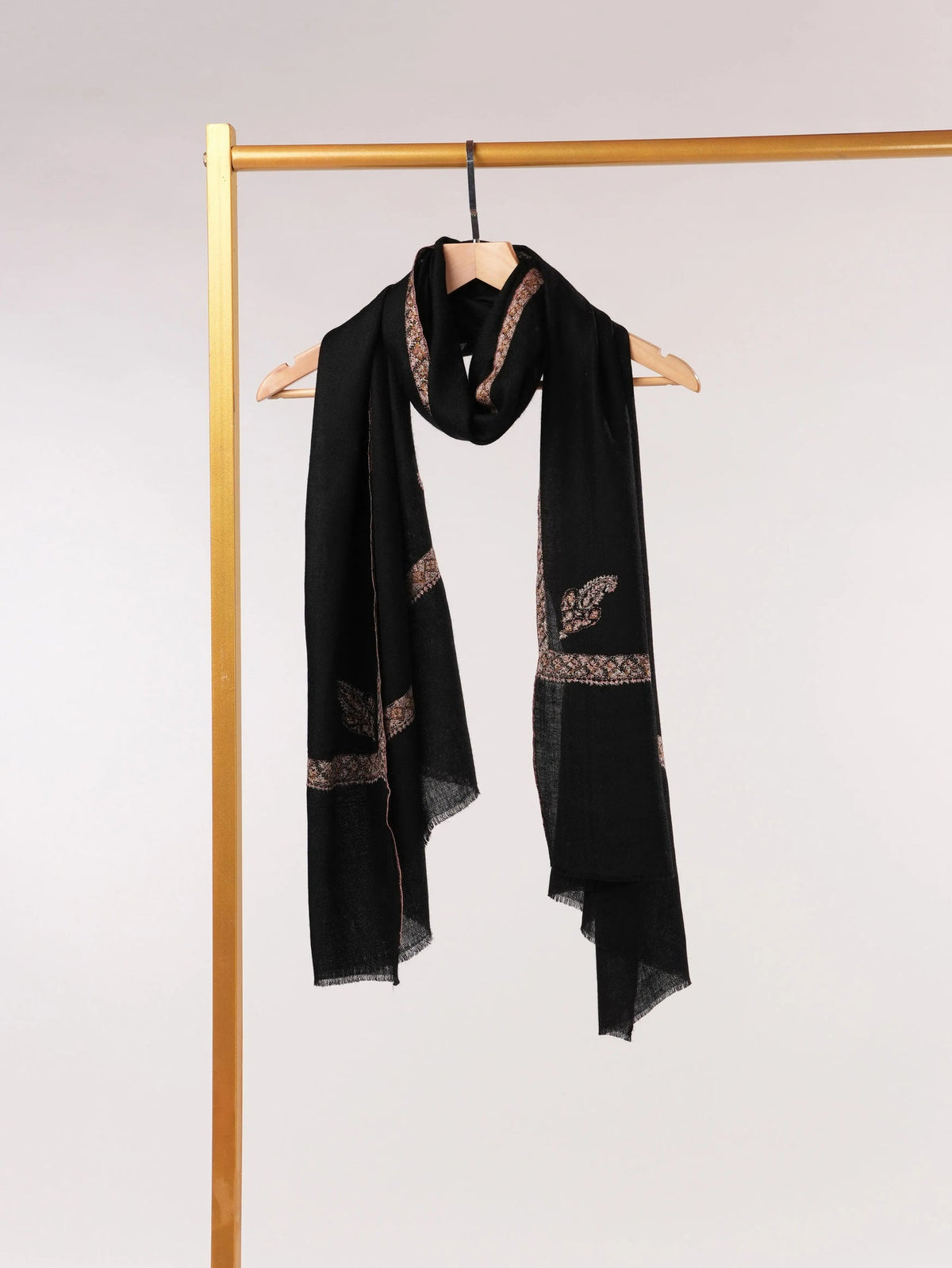 Black Handwoven Cashmere Scarf with Hashia Sozni Embroidery Shahkaar.com