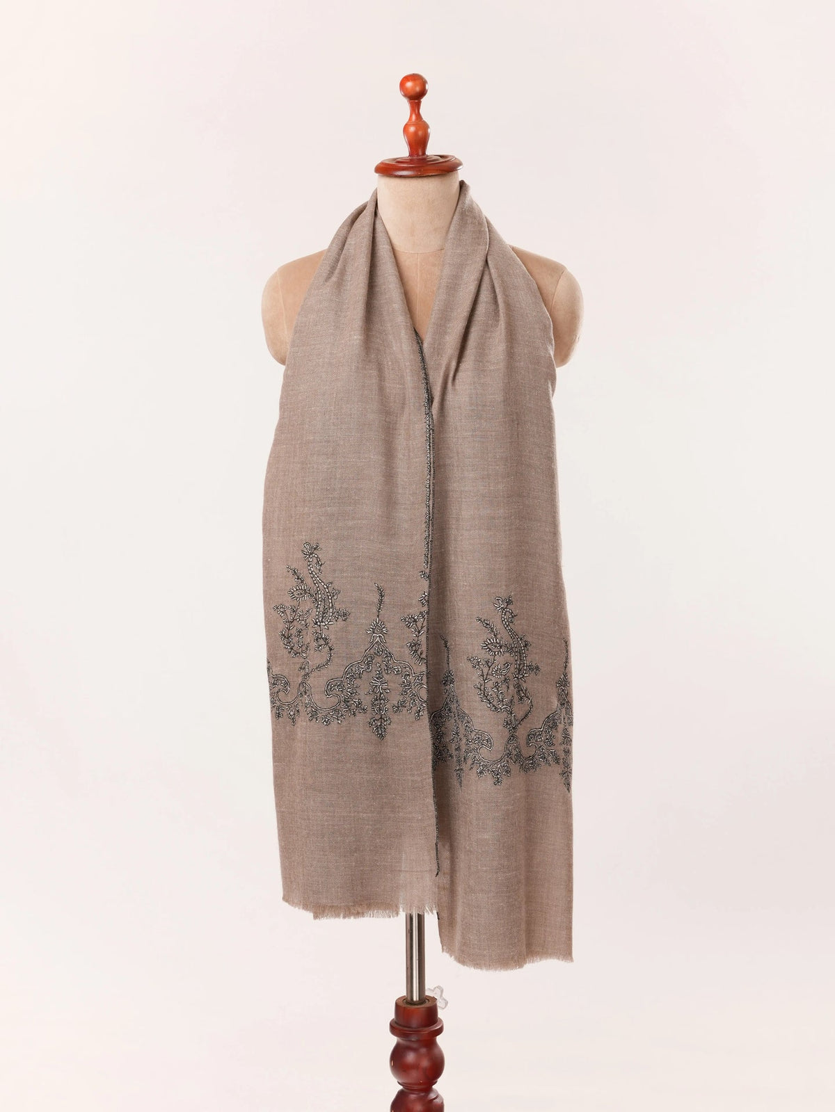 Natural Dark Taupe Kashmiri Cashmere Scarf with Palldar Sozni Embroidery Shahkaar.com