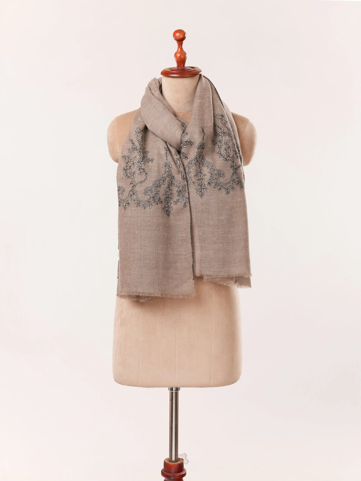 Natural Dark Taupe Kashmiri Cashmere Scarf with Palldar Sozni Embroidery Shahkaar.com
