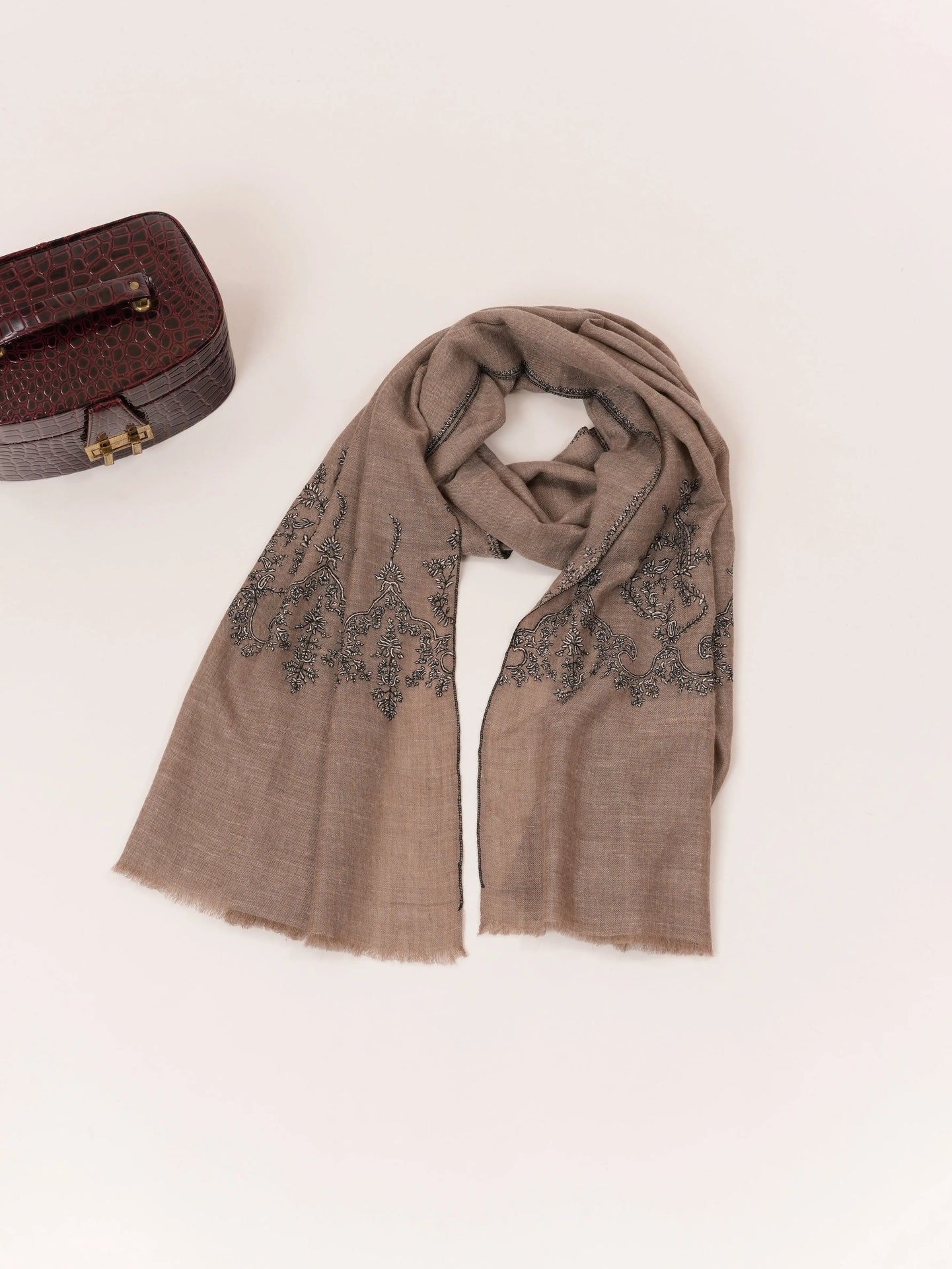 Natural Dark Taupe Kashmiri Cashmere Scarf with Palldar Sozni Embroidery Shahkaar.com