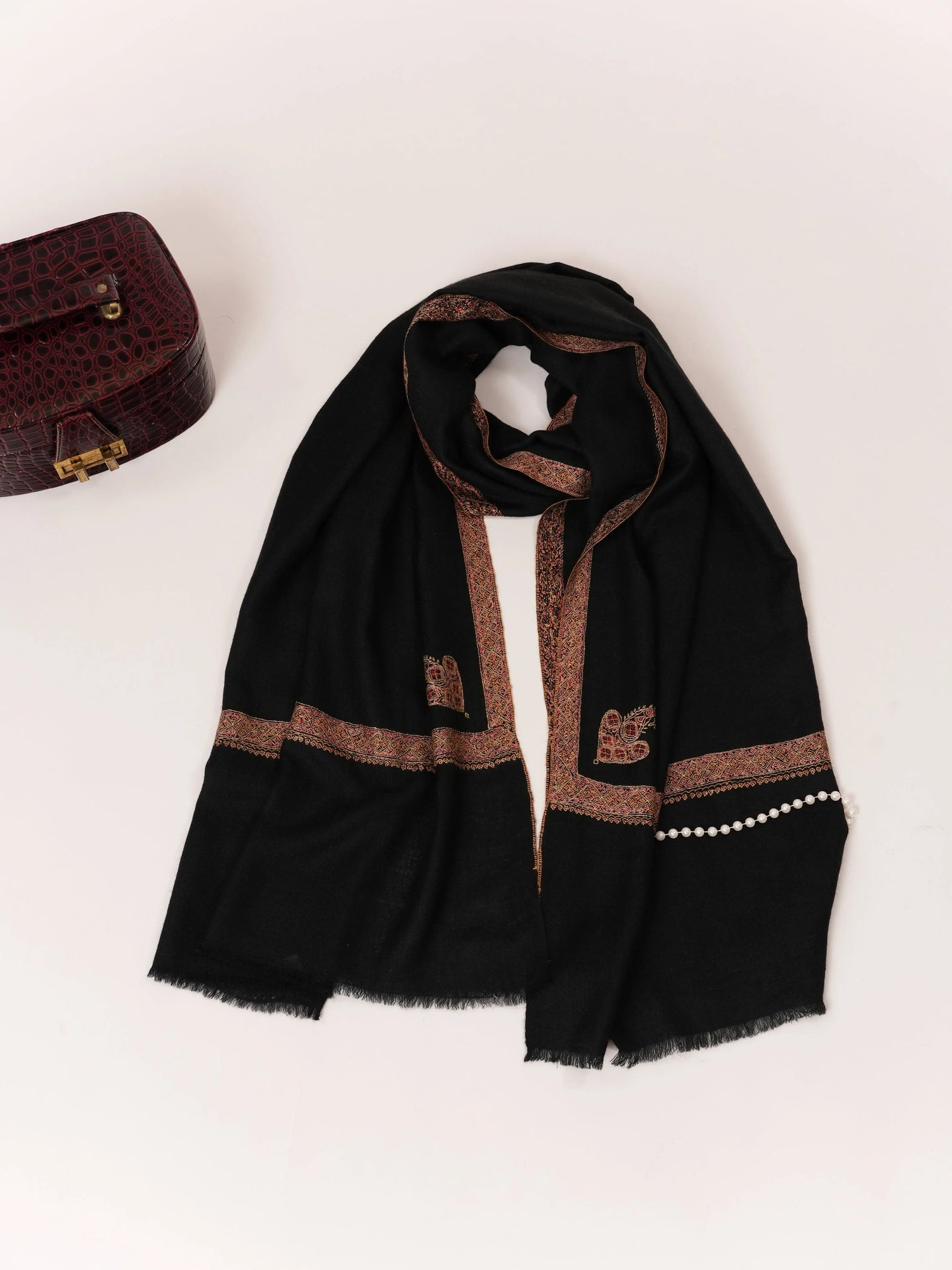Black Hashia Hand Embroidered Soft Cashmere Scarf Shahkaar.com
