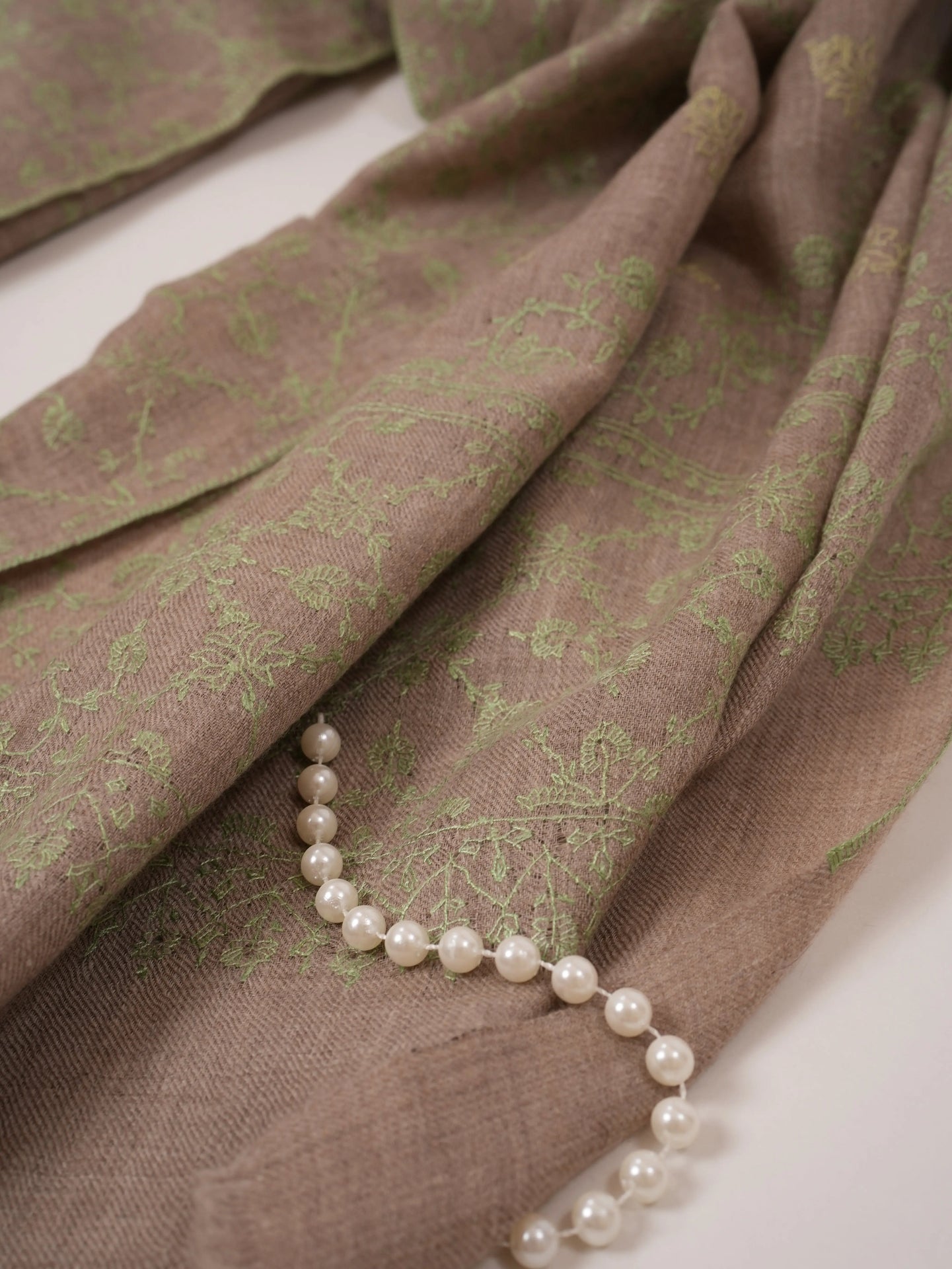 Natural Taupe Cashmere Scarf with Green Hand Embroidery Shahkaar.com