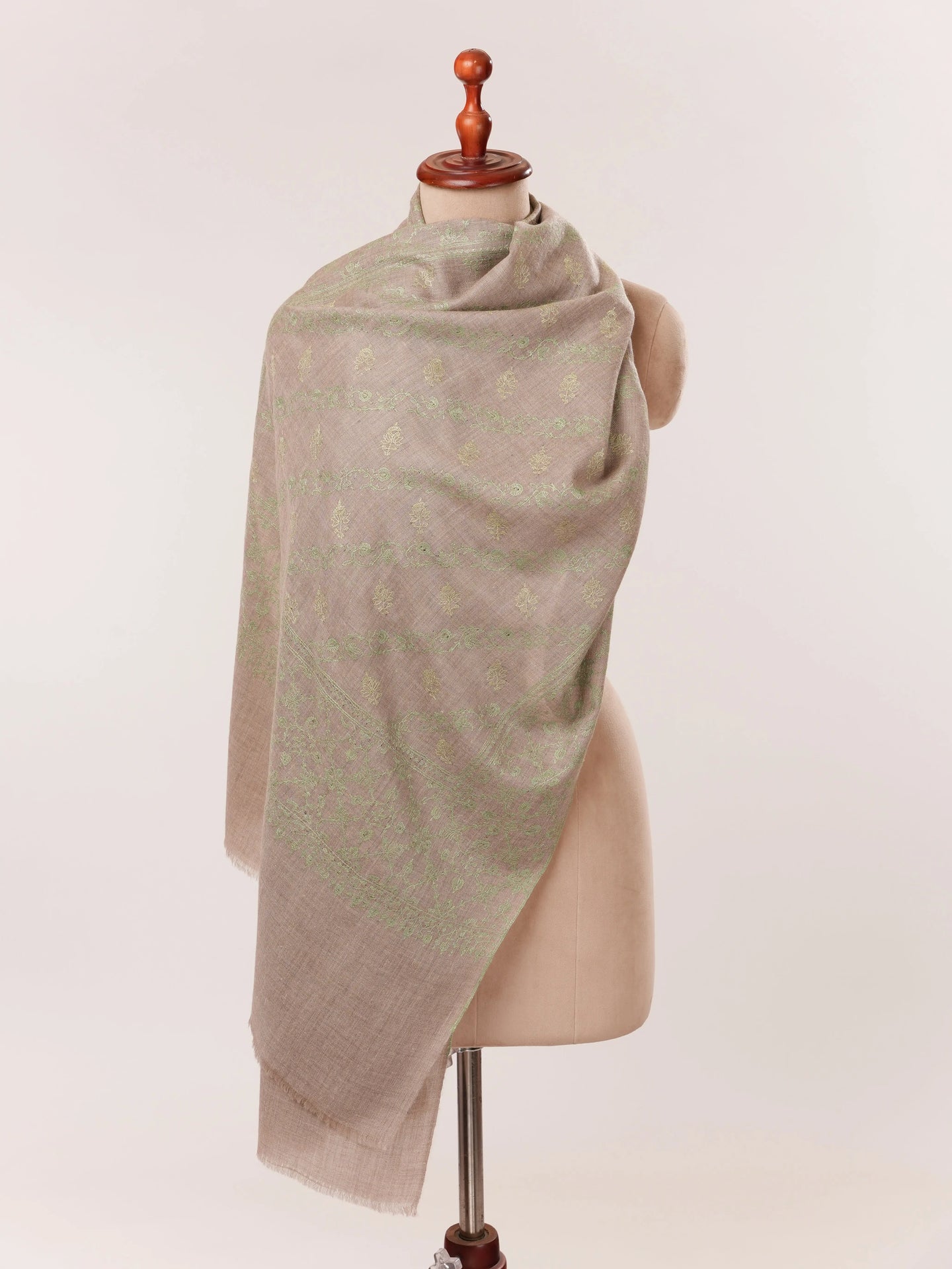 Natural Taupe Cashmere Scarf with Green Hand Embroidery Shahkaar.com