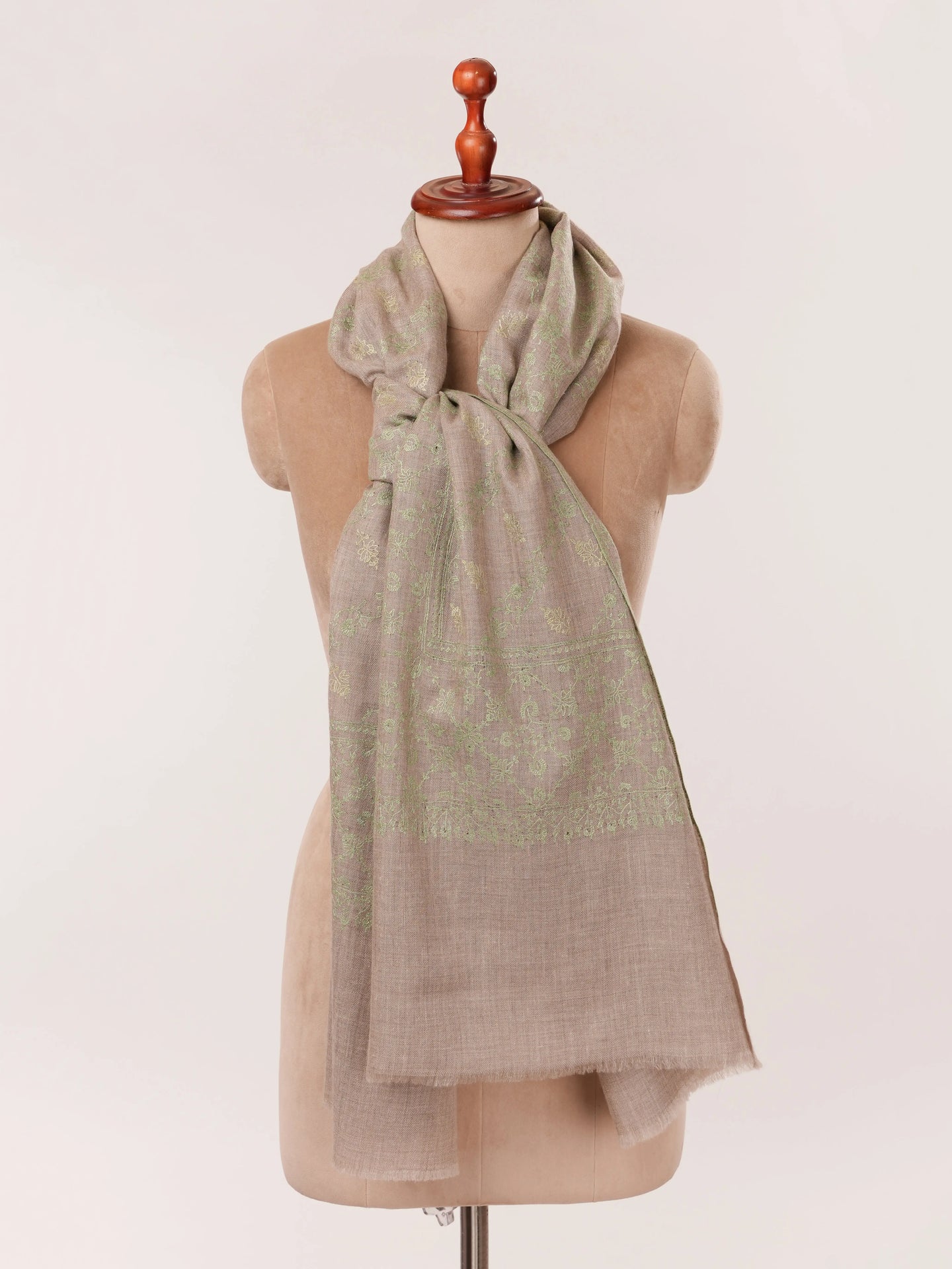 Natural Taupe Cashmere Scarf with Green Hand Embroidery Shahkaar.com