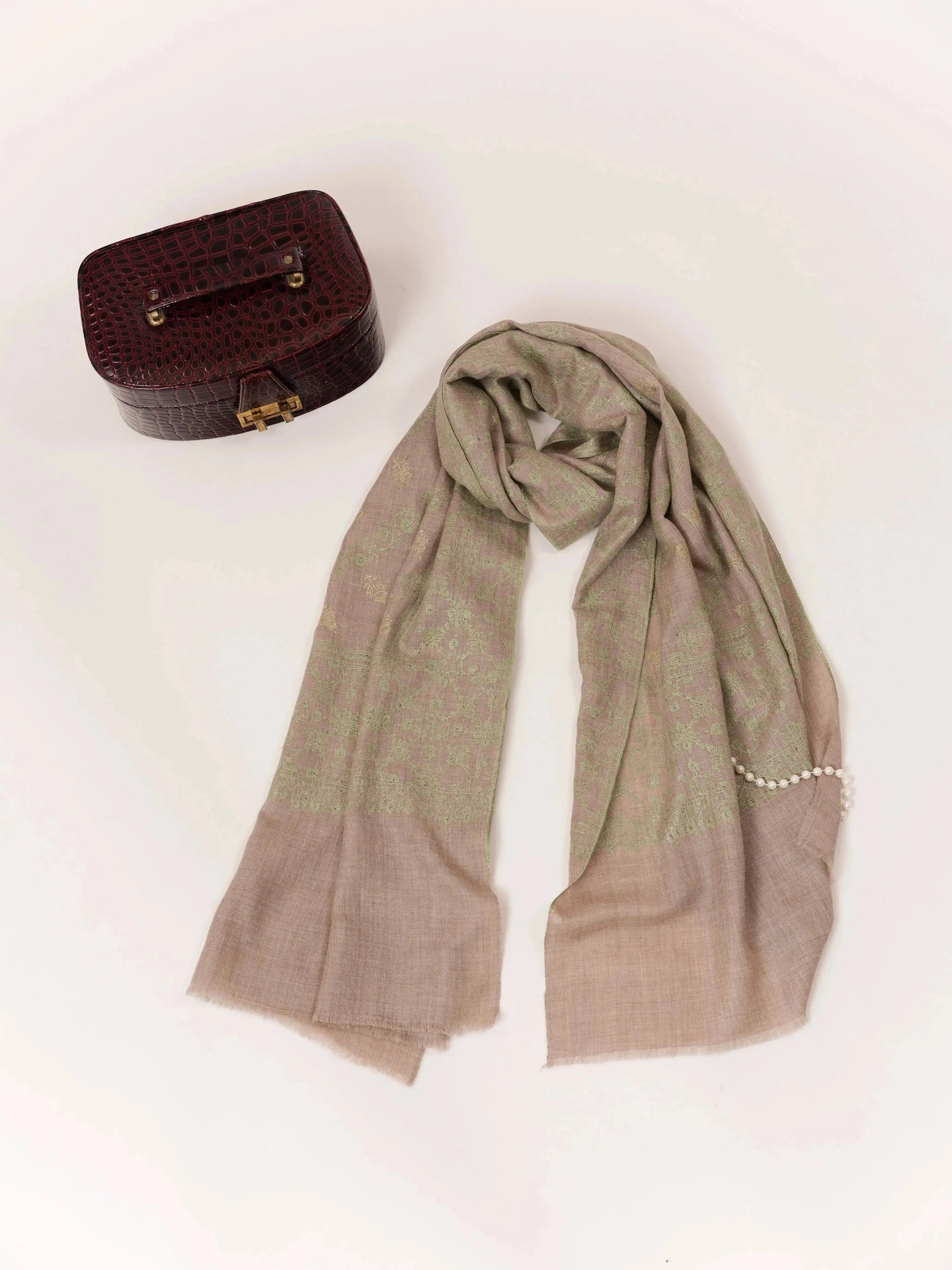 Natural Taupe Cashmere Scarf with Green Hand Embroidery Shahkaar.com