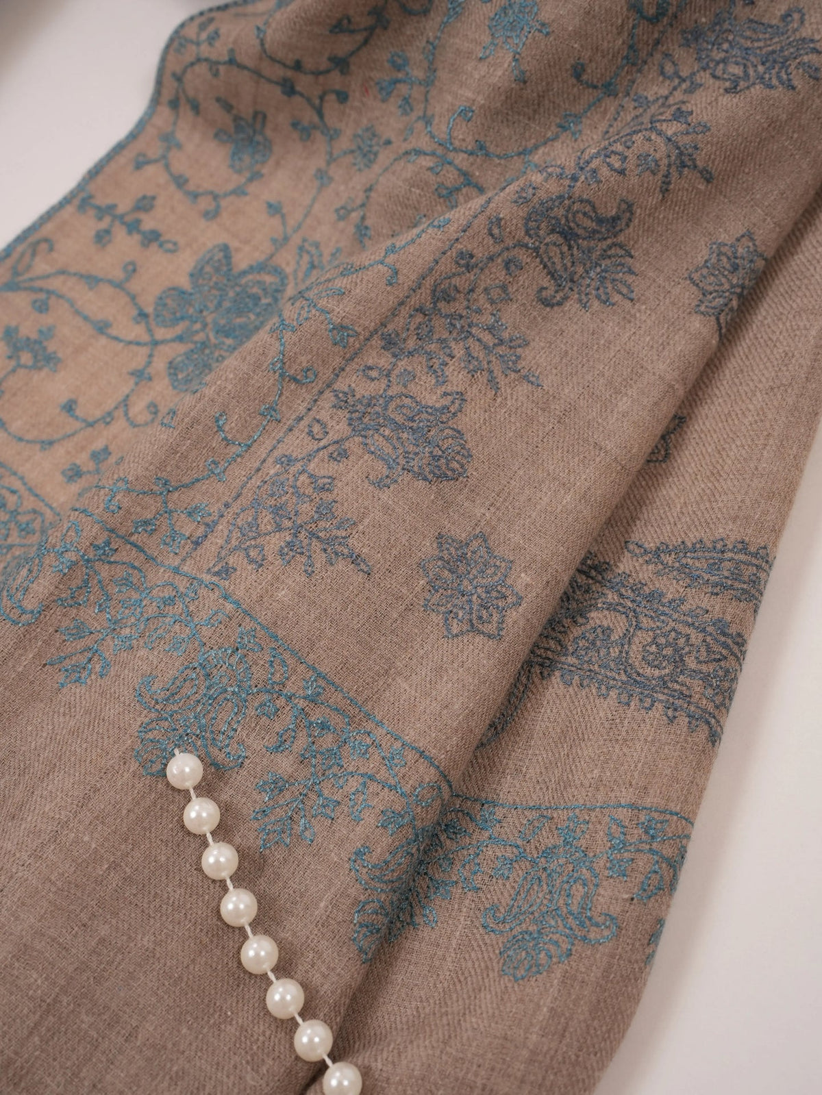 Natural Taupe Handwoven Cashmere Scarf with All over Hand Embroidery Shahkaar.com