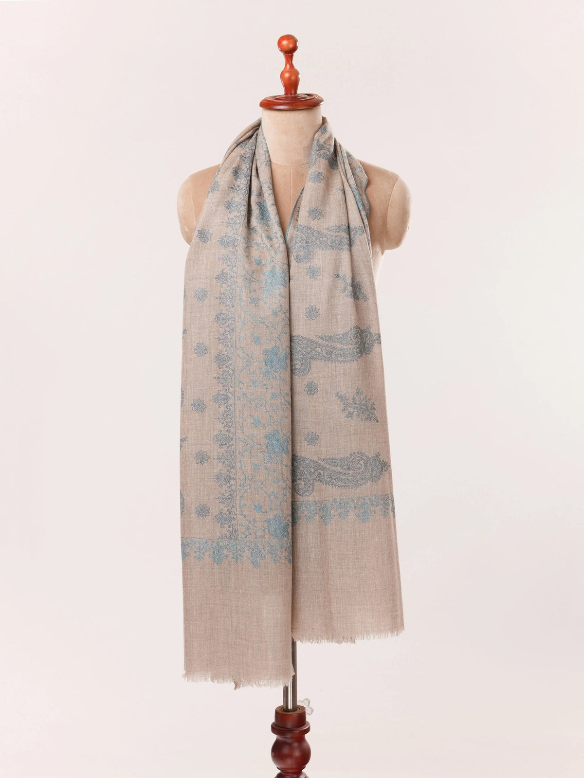 Natural Taupe Handwoven Cashmere Scarf with All over Hand Embroidery Shahkaar.com