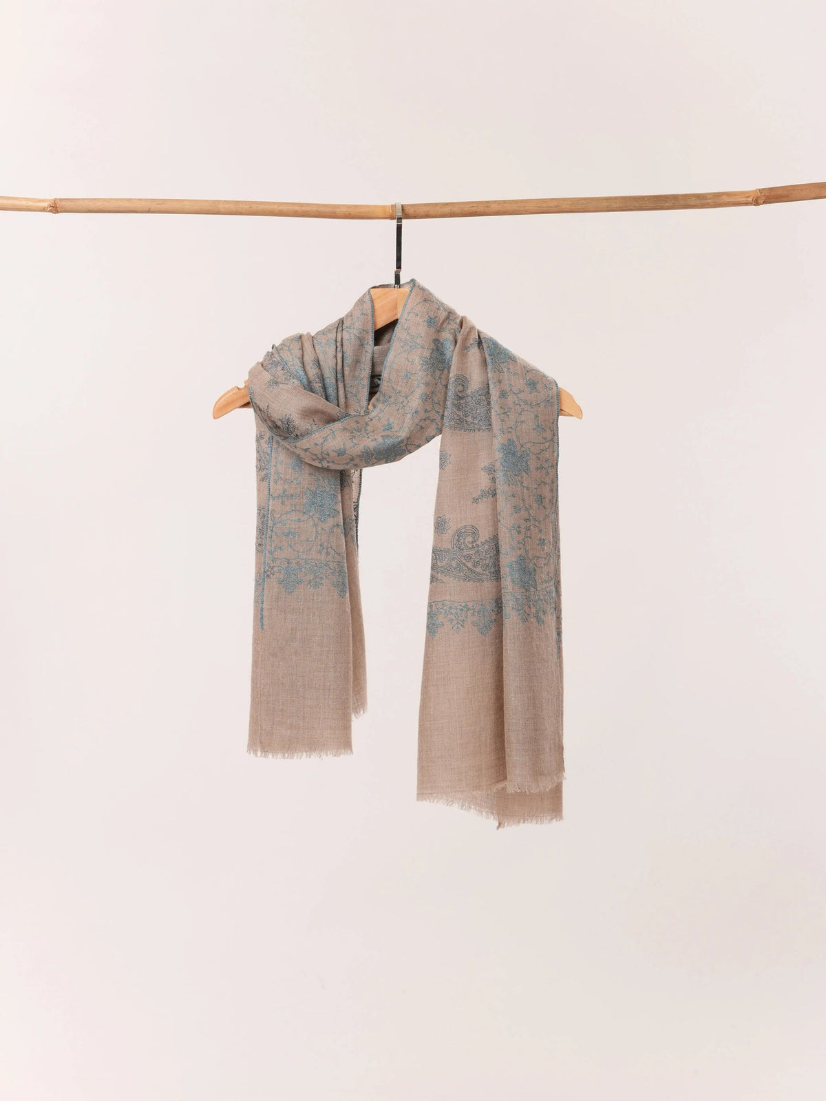 Natural Taupe Handwoven Cashmere Scarf with All over Hand Embroidery Shahkaar.com