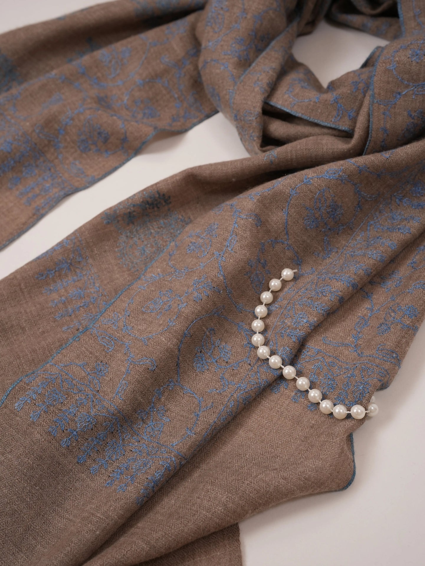 Natural Taupe Cashmere Scarf with Blue Jali Hand Embroidery Shahkaar.com