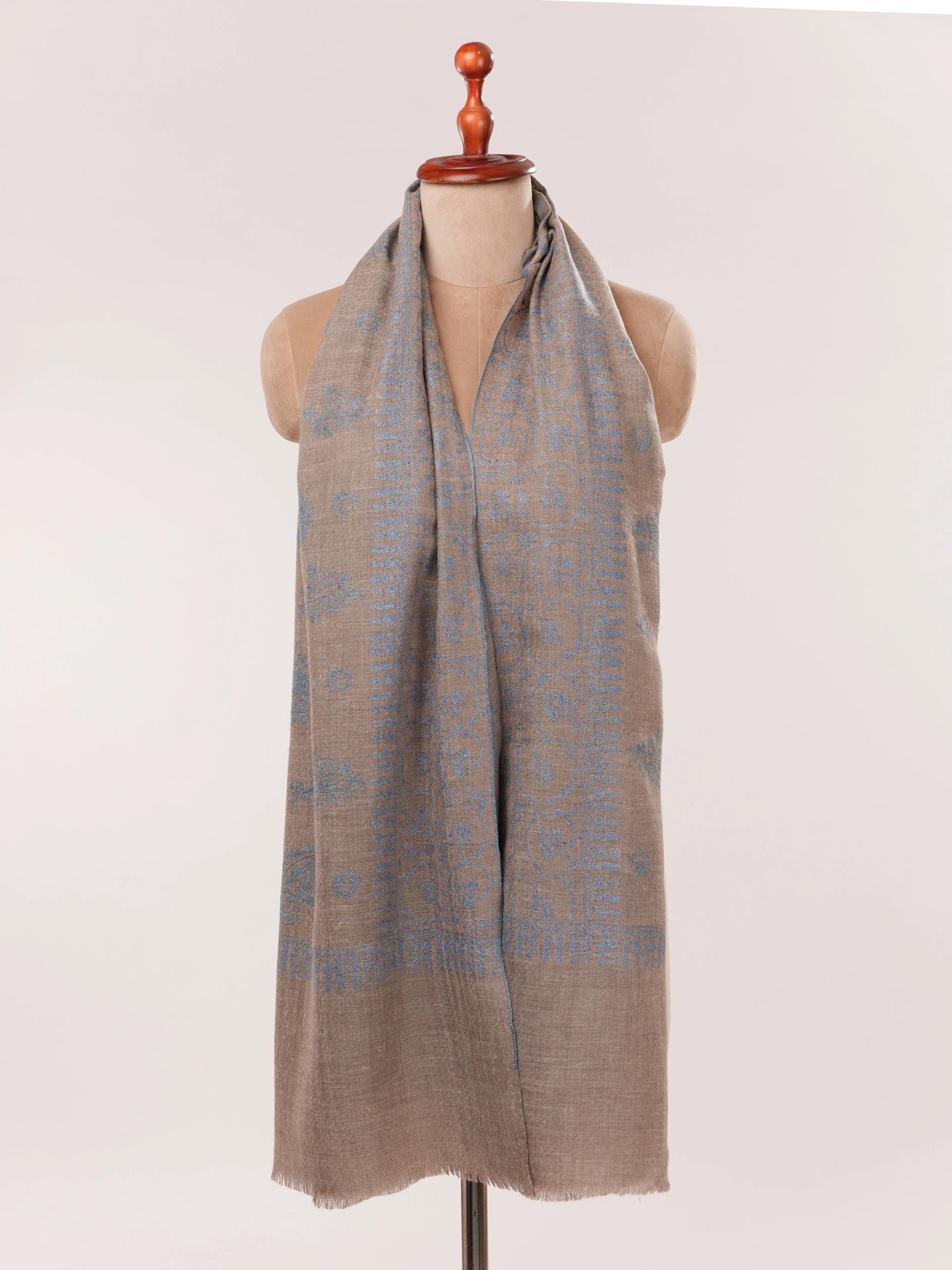 Natural Taupe Cashmere Scarf with Blue Jali Hand Embroidery Shahkaar.com