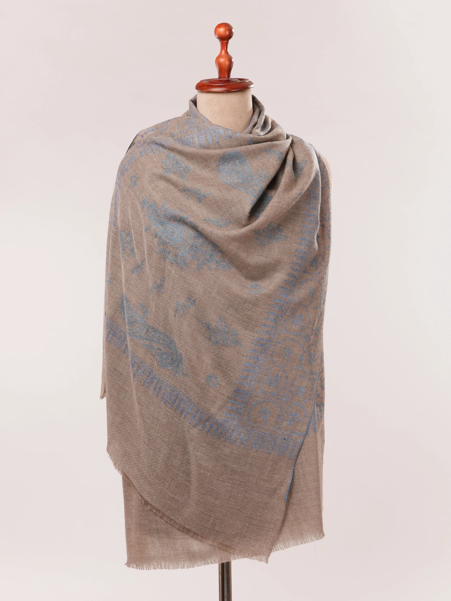 Natural Taupe Cashmere Scarf with Blue Jali Hand Embroidery Shahkaar.com