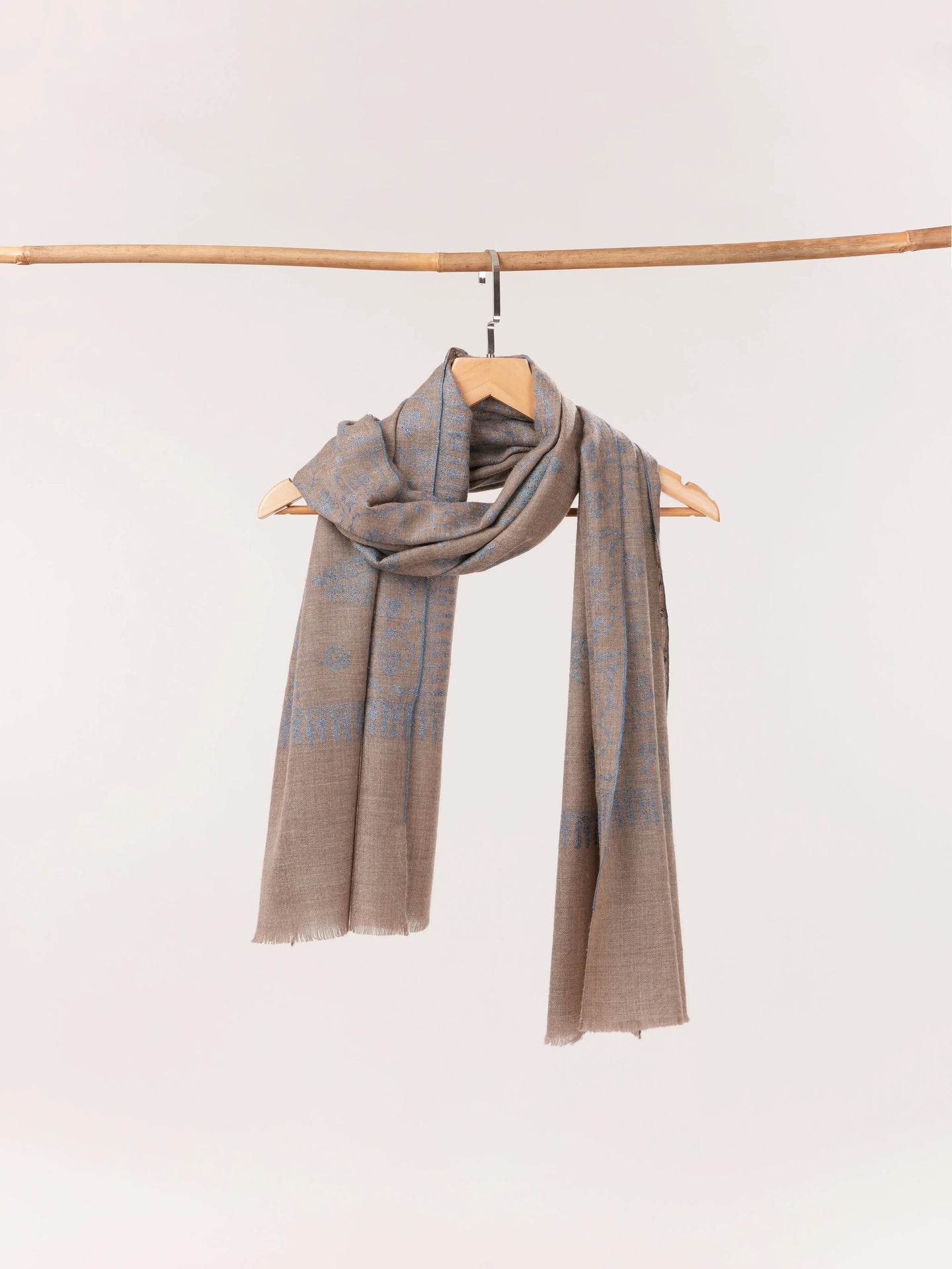 Natural Taupe Cashmere Scarf with Blue Jali Hand Embroidery Shahkaar.com