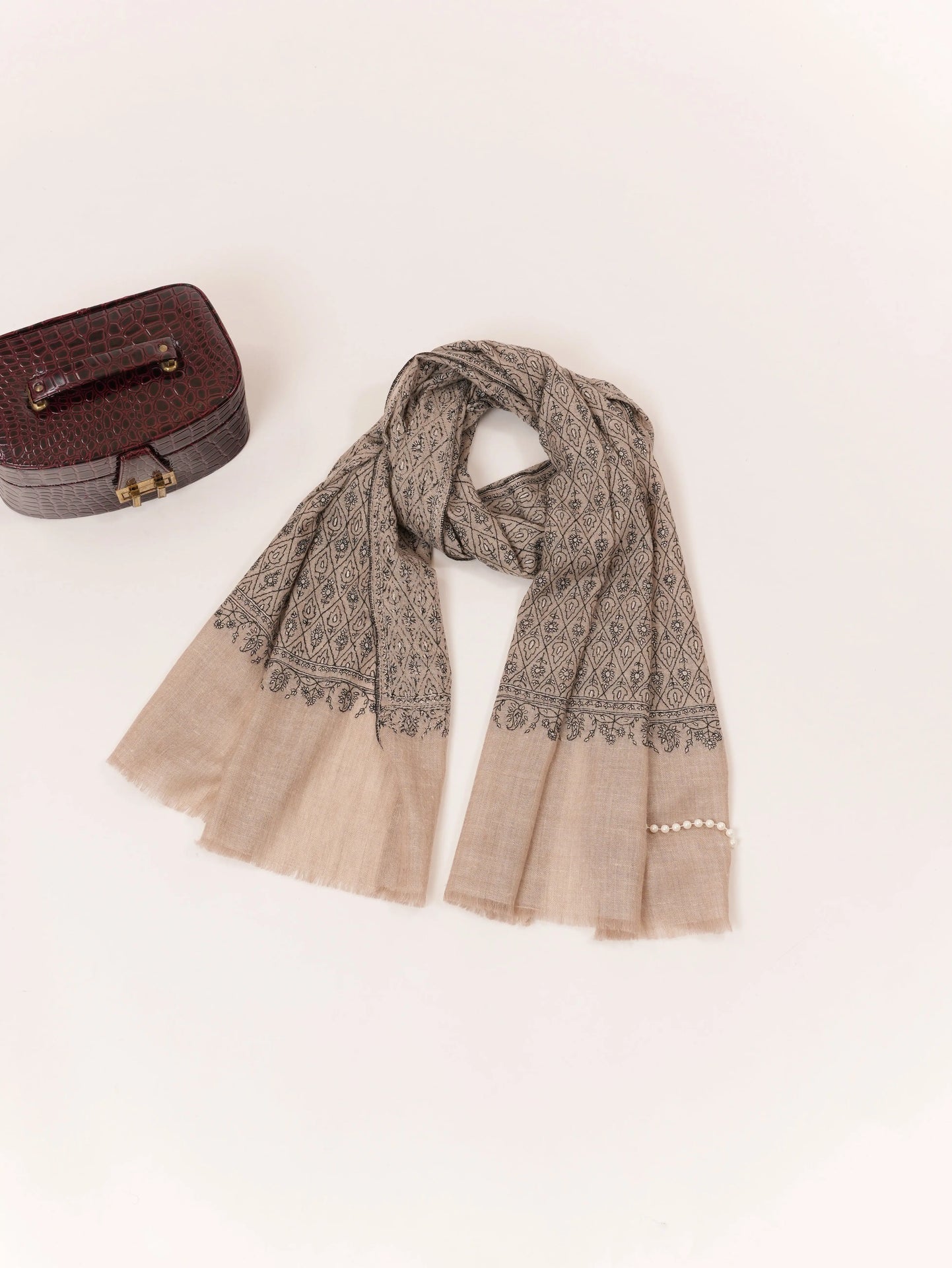 Handwoven Kashmiri Natural Taupe Scarf with Paisley Buteh Sozni Embroidery Shahkaar.com