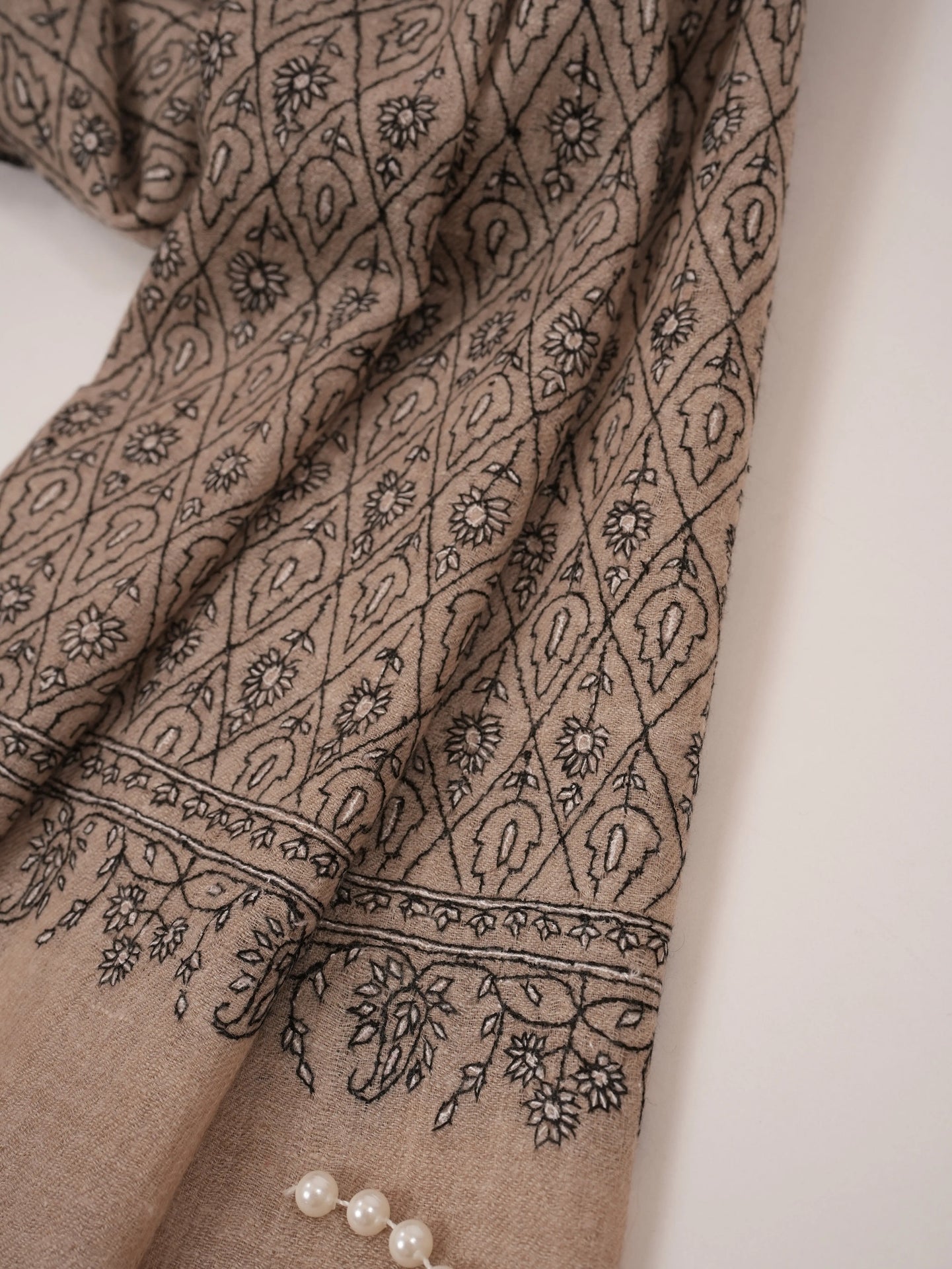 Handwoven Kashmiri Natural Taupe Scarf with Paisley Buteh Sozni Embroidery Shahkaar.com