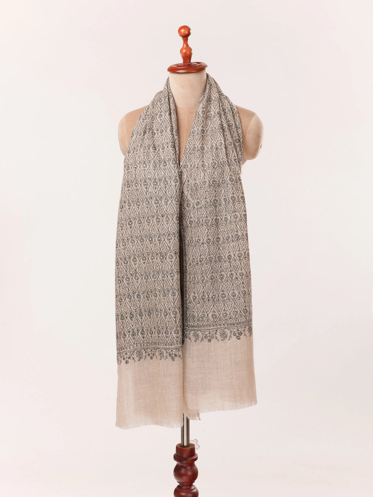 Handwoven Kashmiri Natural Taupe Scarf with Paisley Buteh Sozni Embroidery Shahkaar.com