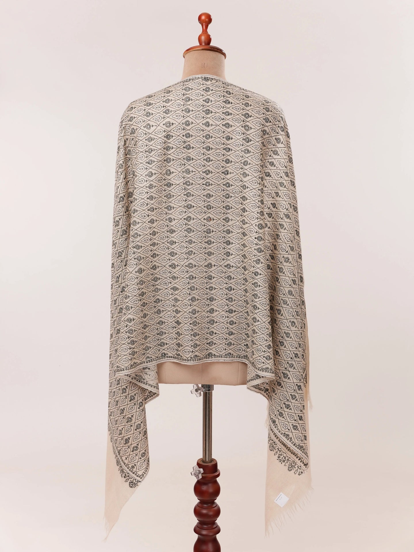 Natural Off White Hand Embroidered Cashmere Scarf with Black Embroidery Shahkaar.com