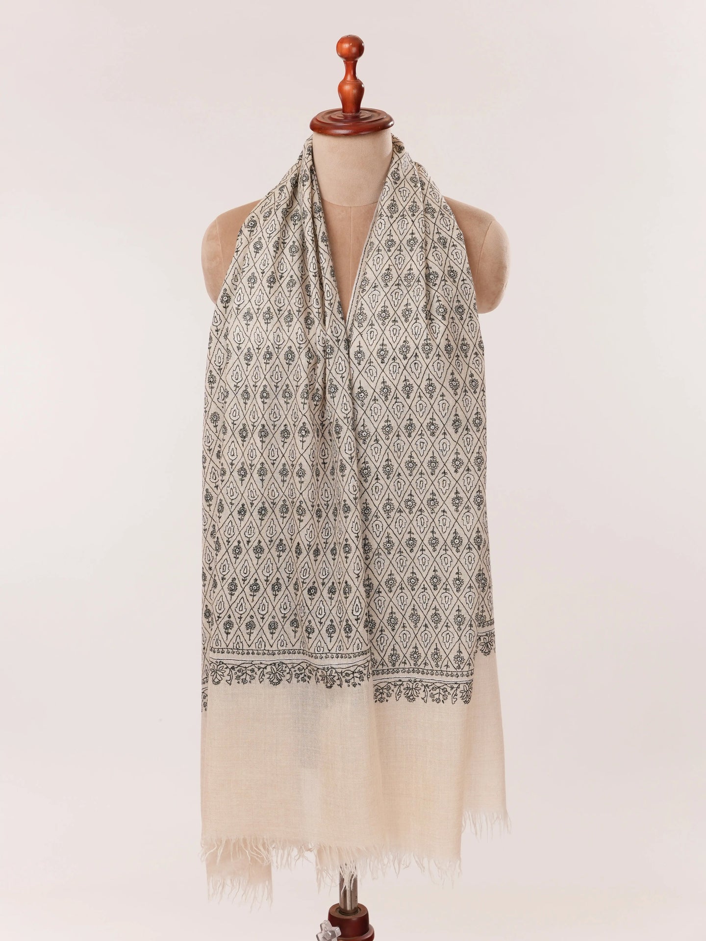 Natural Off White Hand Embroidered Cashmere Scarf with Black Embroidery Shahkaar.com