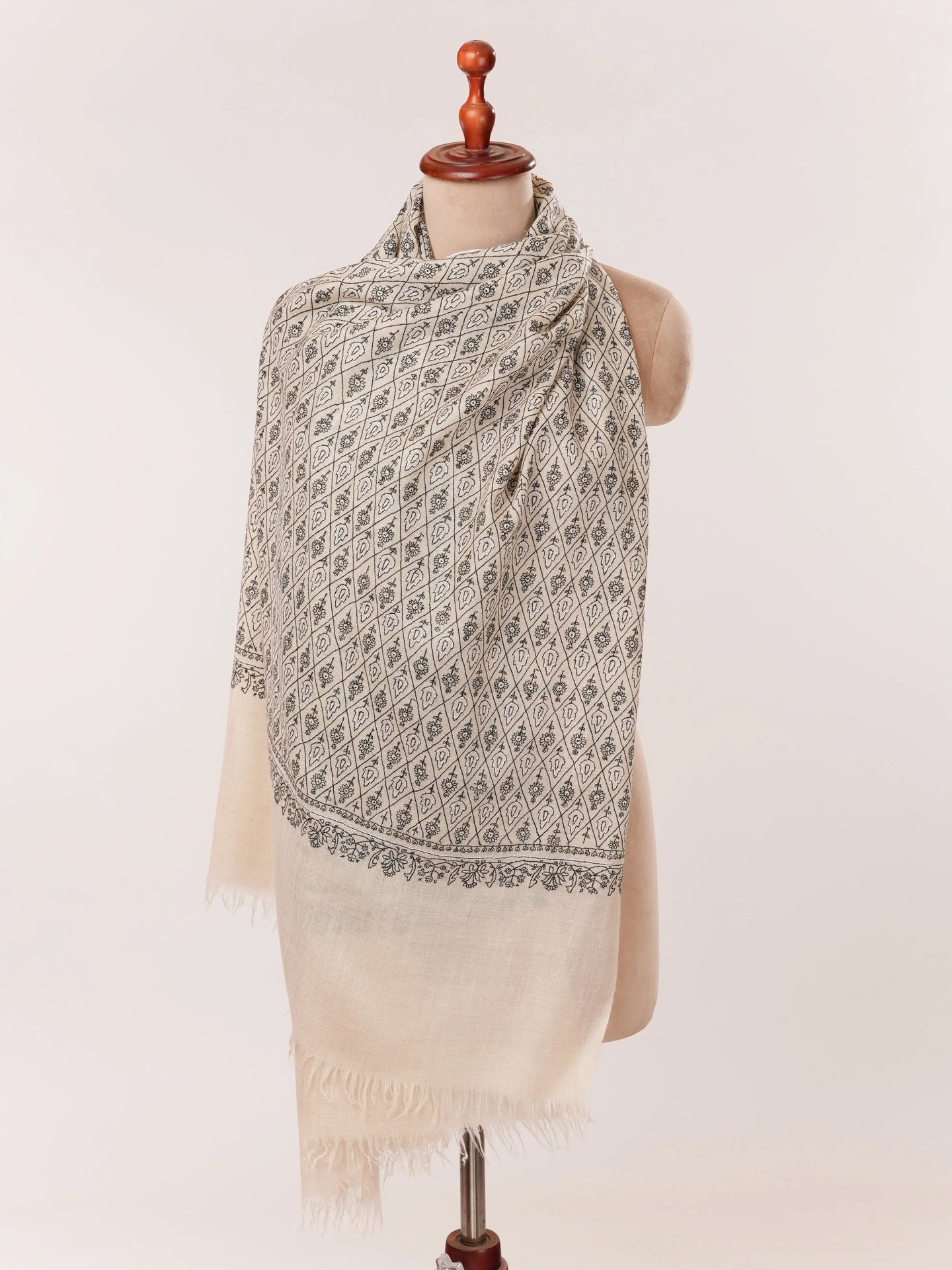 Natural Off White Hand Embroidered Cashmere Scarf with Black Embroidery Shahkaar.com